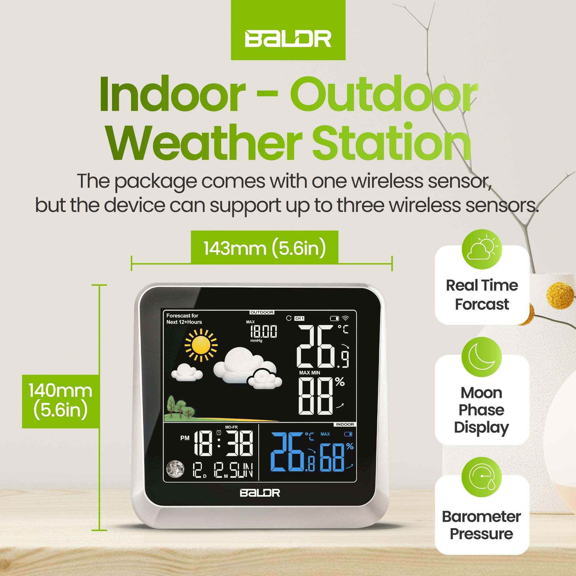 BALDR Wireless Weather Station Clock - Indoor Outdoor Thermometer with Weather Forecast, Barometer & Moon Phase Display - Accurate Temperature Humidity Monitor for Home, Office, Garden & Camping