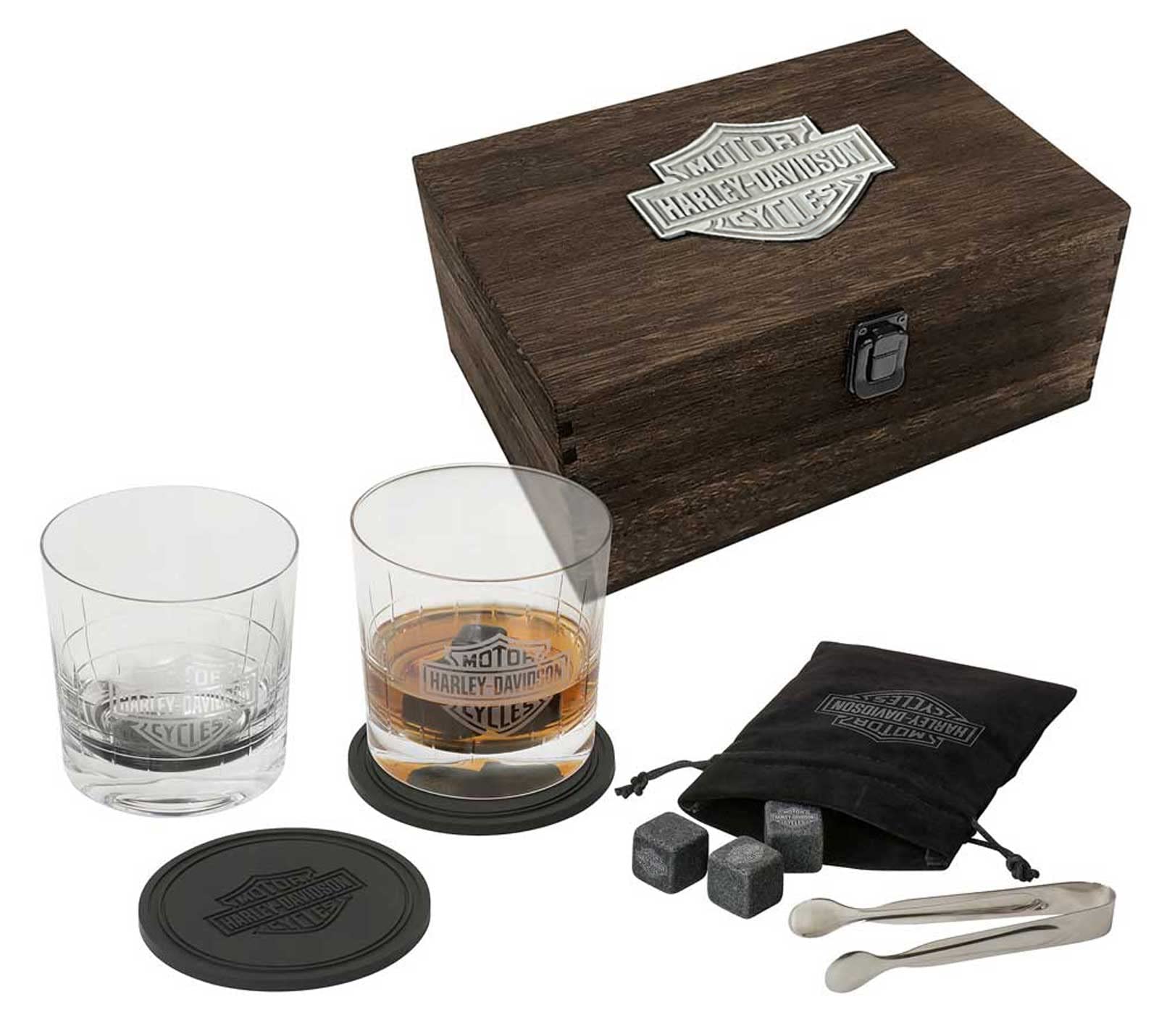 Harley-Davidson Premium Whiskey Glass Set with Bar & Shield Logo - Engraved Wooden Gift Box for Men, Bourbon & Scotch Drinking Enthusiasts - Perfect for Father's Day, Birthday & Anniversary Gifts