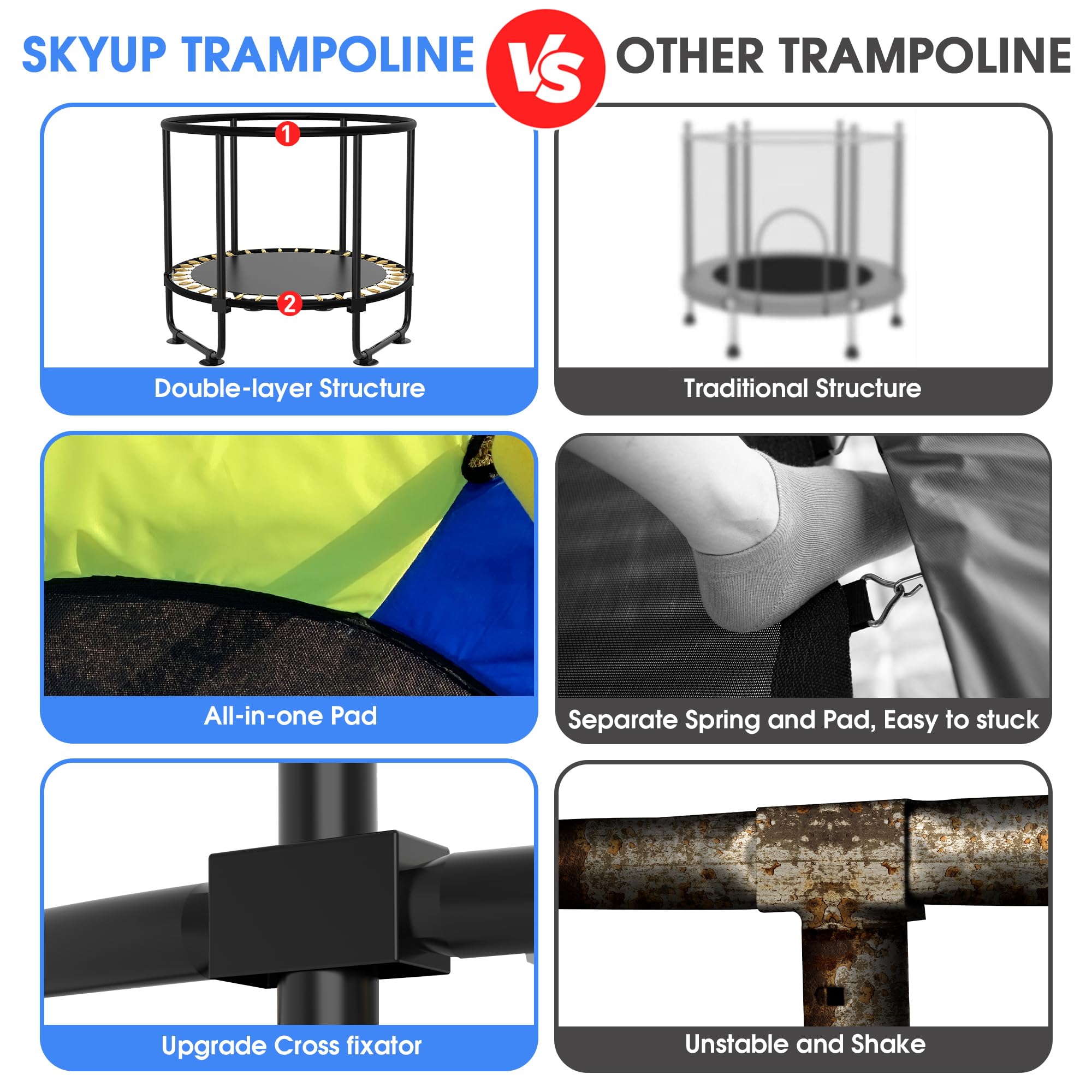SKYUP 4.5/5/5.5FT Kids Trampoline with Safety Net - 400LBS Capacity Toddler Trampoline Set with Swing, Adjustable Gymnastics Bars & Basketball Hoop - Indoor/Outdoor Mini Trampoline for Boys & Girls Ages 3-8 | Perfect Birthday Gift & Backyard Play Equipment