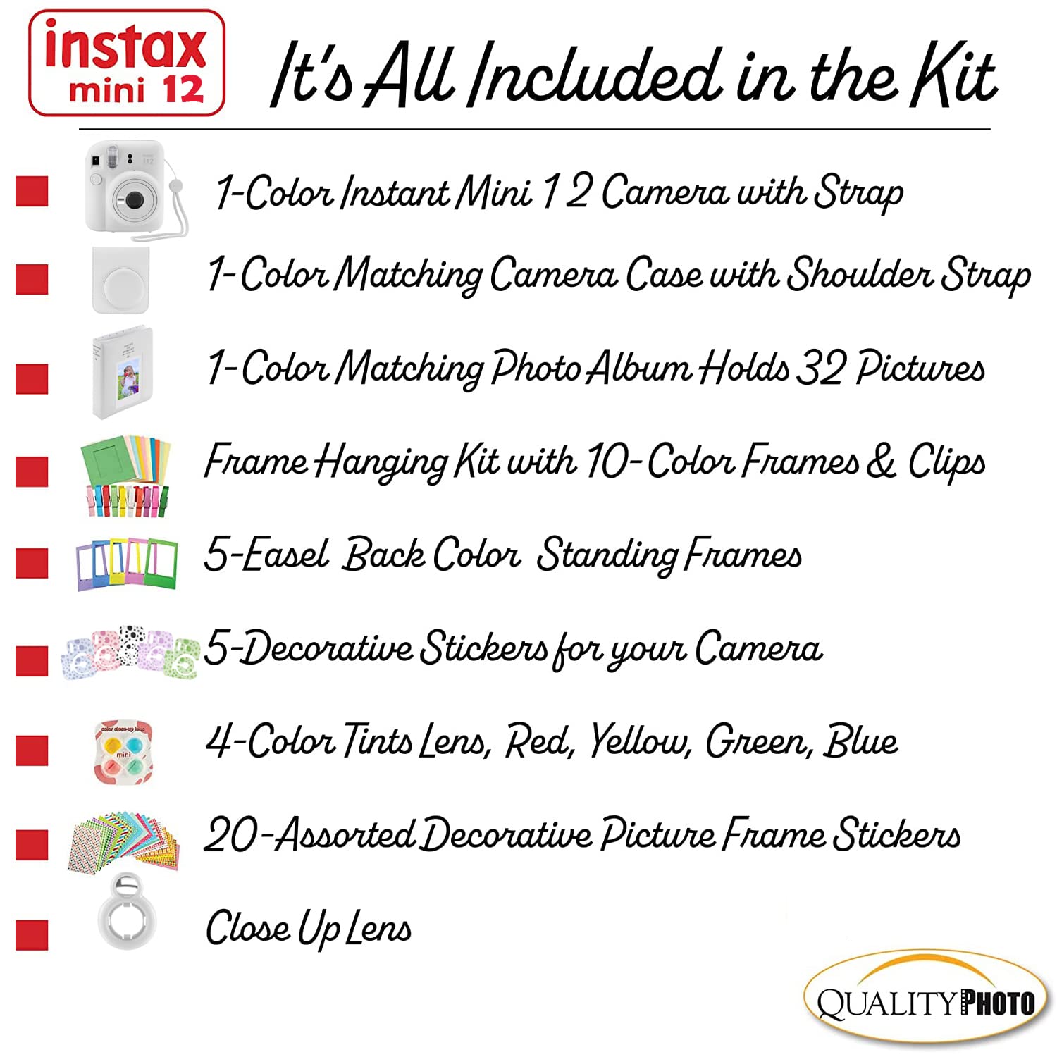 Fujifilm Instax Mini 12 Instant Camera Bundle - Clay White with Case, Stickers, Photo Album & Frames | Perfect for Parties, Travel & DIY Scrapbooking Memories
