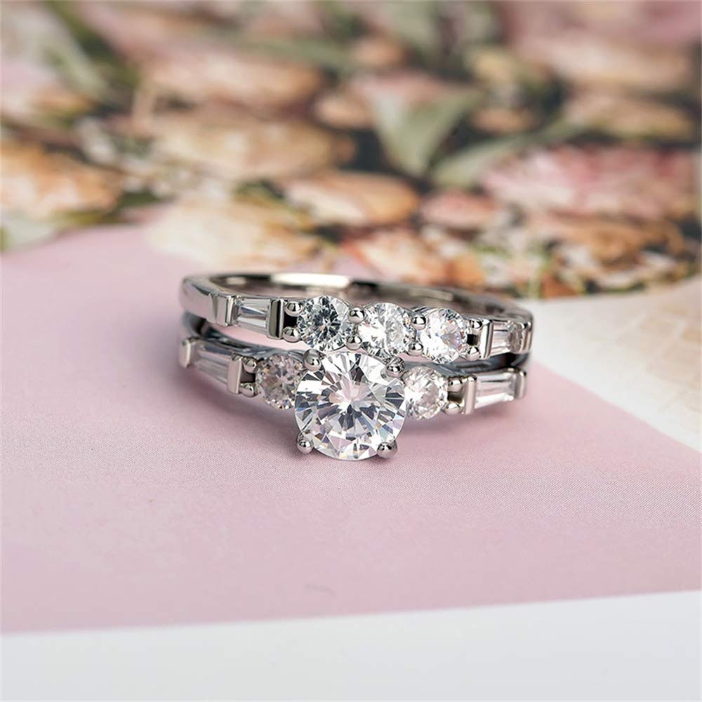 925 Sterling Silver Cubic Zirconia Ring Set - 2PC Shiny CZ Three Stone Eternity Band for Women | Wedding, Engagement, Anniversary Gift Jewelry | Perfect for Bridal Party, Date Night & Special Occasions