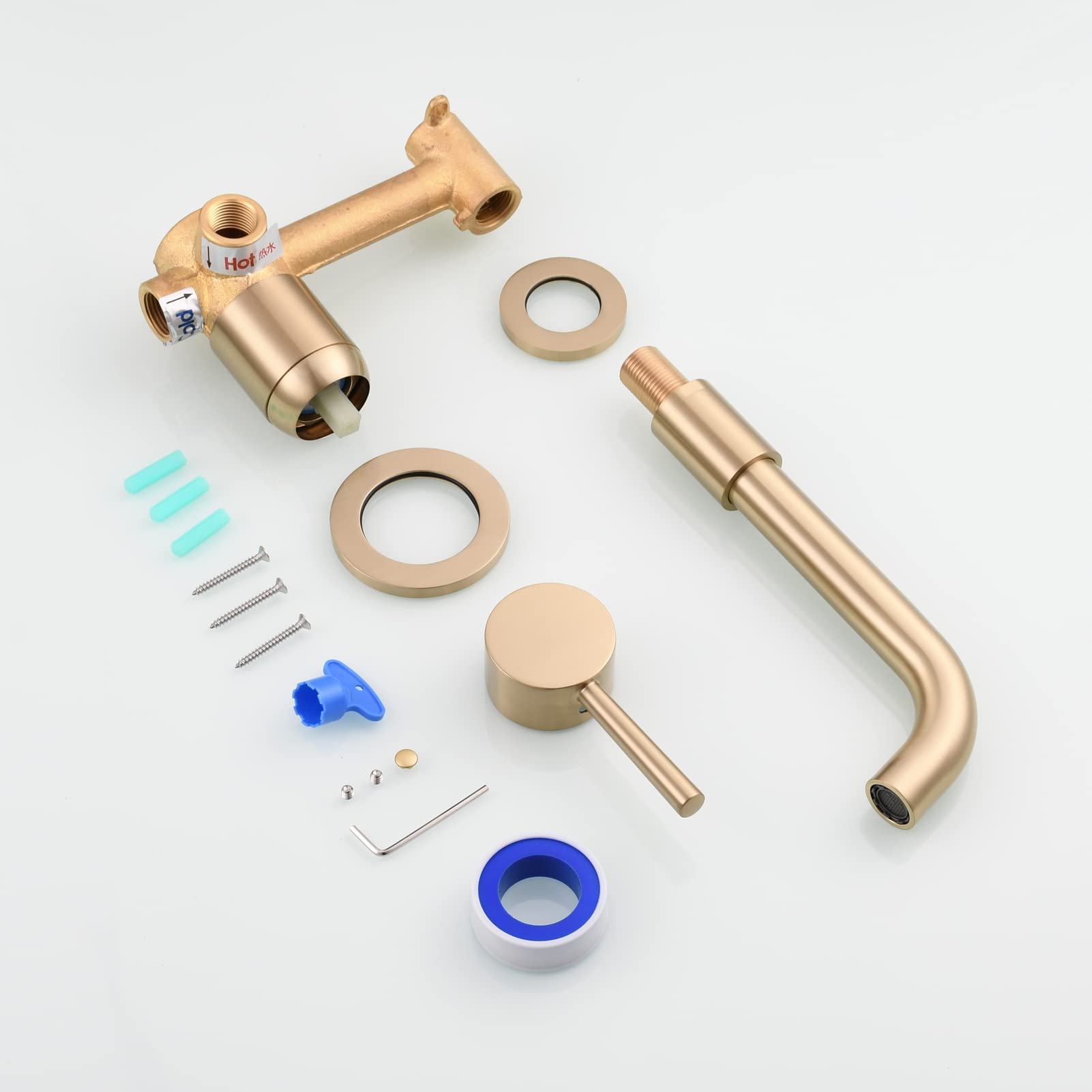 360° Rotating Wall Mount Faucet - Brushed Gold Brass Single Handle Vessel Mixer Tap for Bathroom Sink - Modern Waterfall Spout Design - Perfect for Small Bathrooms, Vanities & Vessel Sinks (Model BJ6083A)