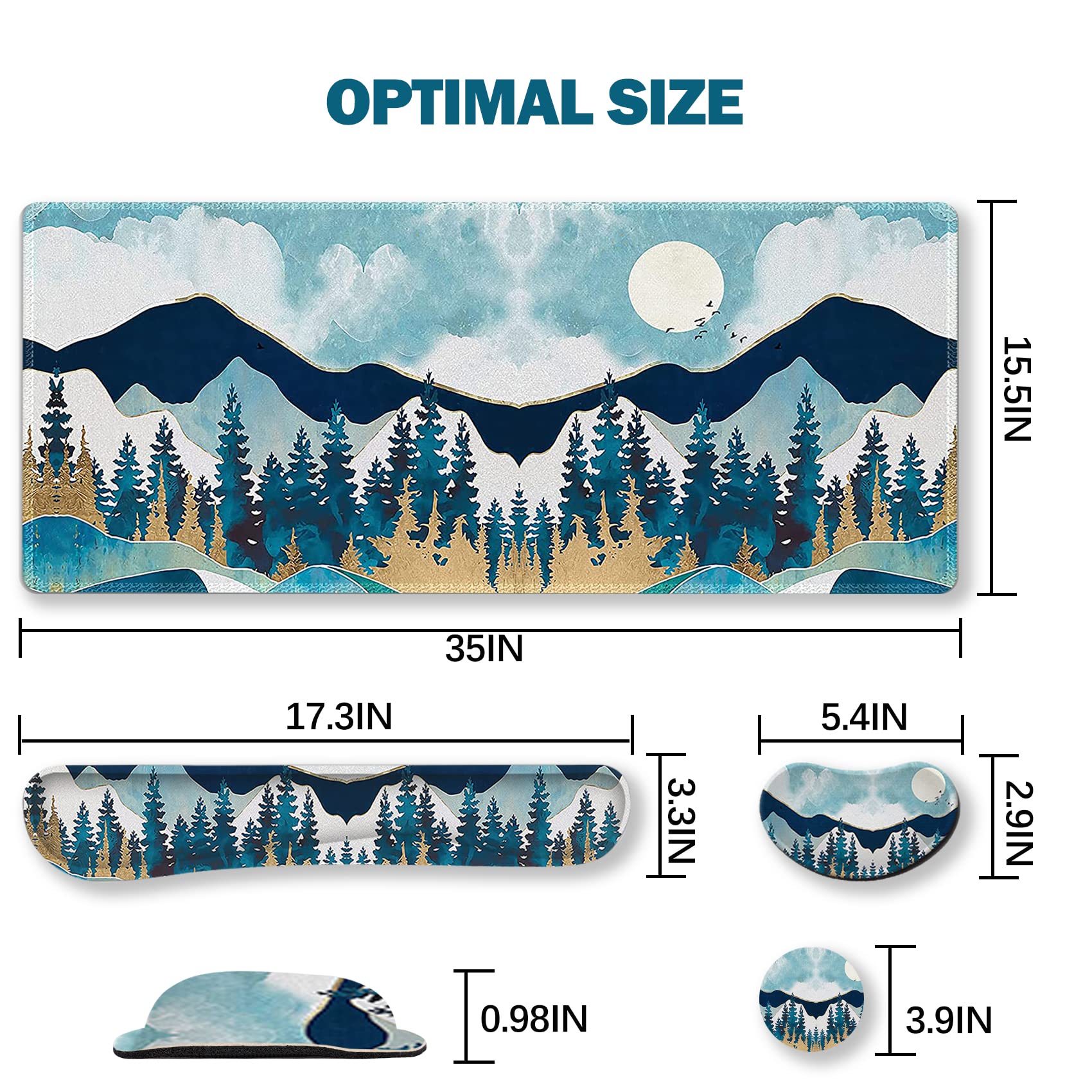 ARTSO Large Gaming Mouse Pad Set - Extended Mousepad (35x15.5in) with Keyboard Wrist Rest & Mouse Wrist Cushion, Non-Slip Desk Mat with Coaster - Abstract Mountain Design for PC Gaming & Office Work