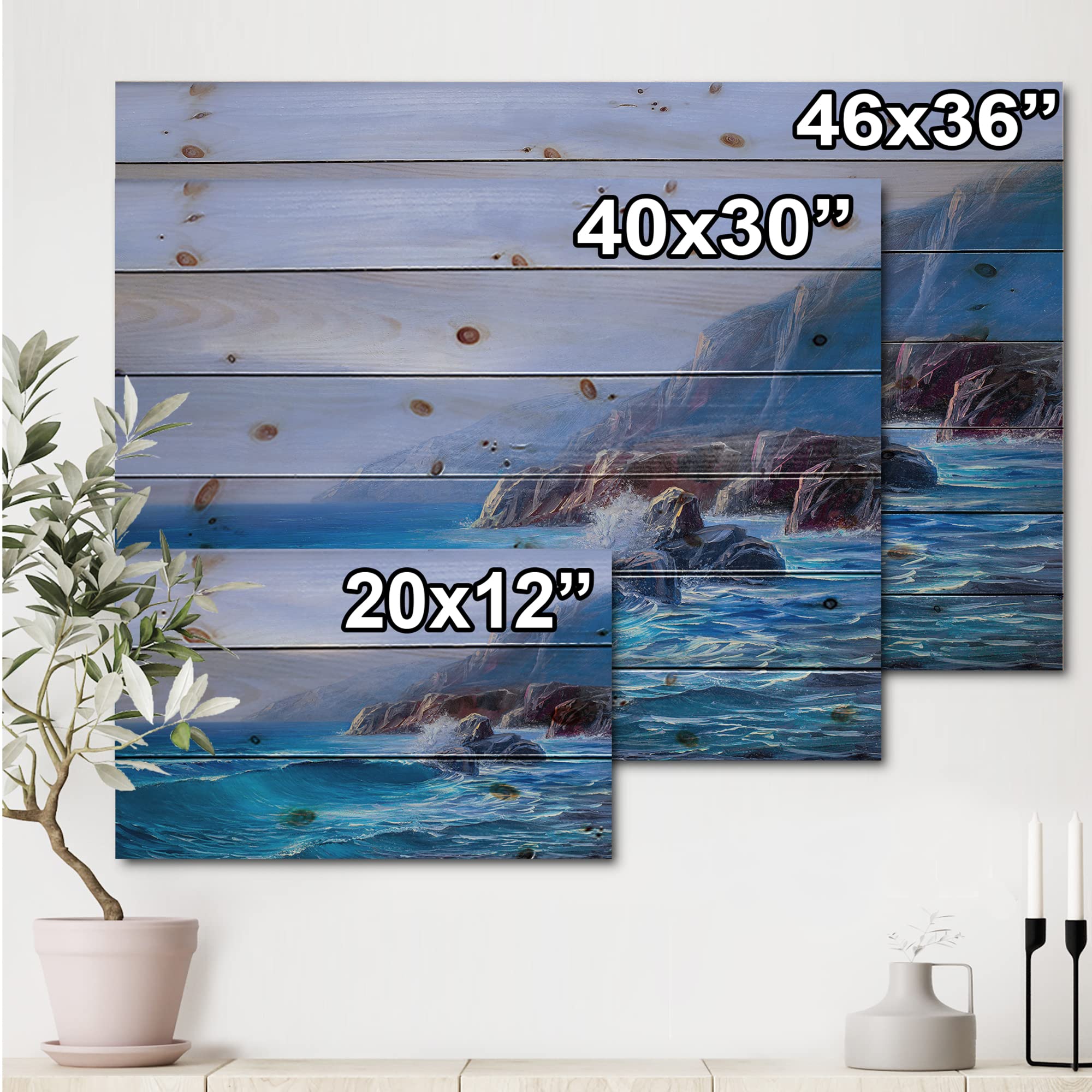 DesignQ Morning Sea Wave Canvas Painting - Nautical & Coastal Wood Wall Art Decor, Large Blue Beach Wood Wall Panel Printed on Natural Pine - Perfect for Living Room, Bedroom, or Beach House Decor