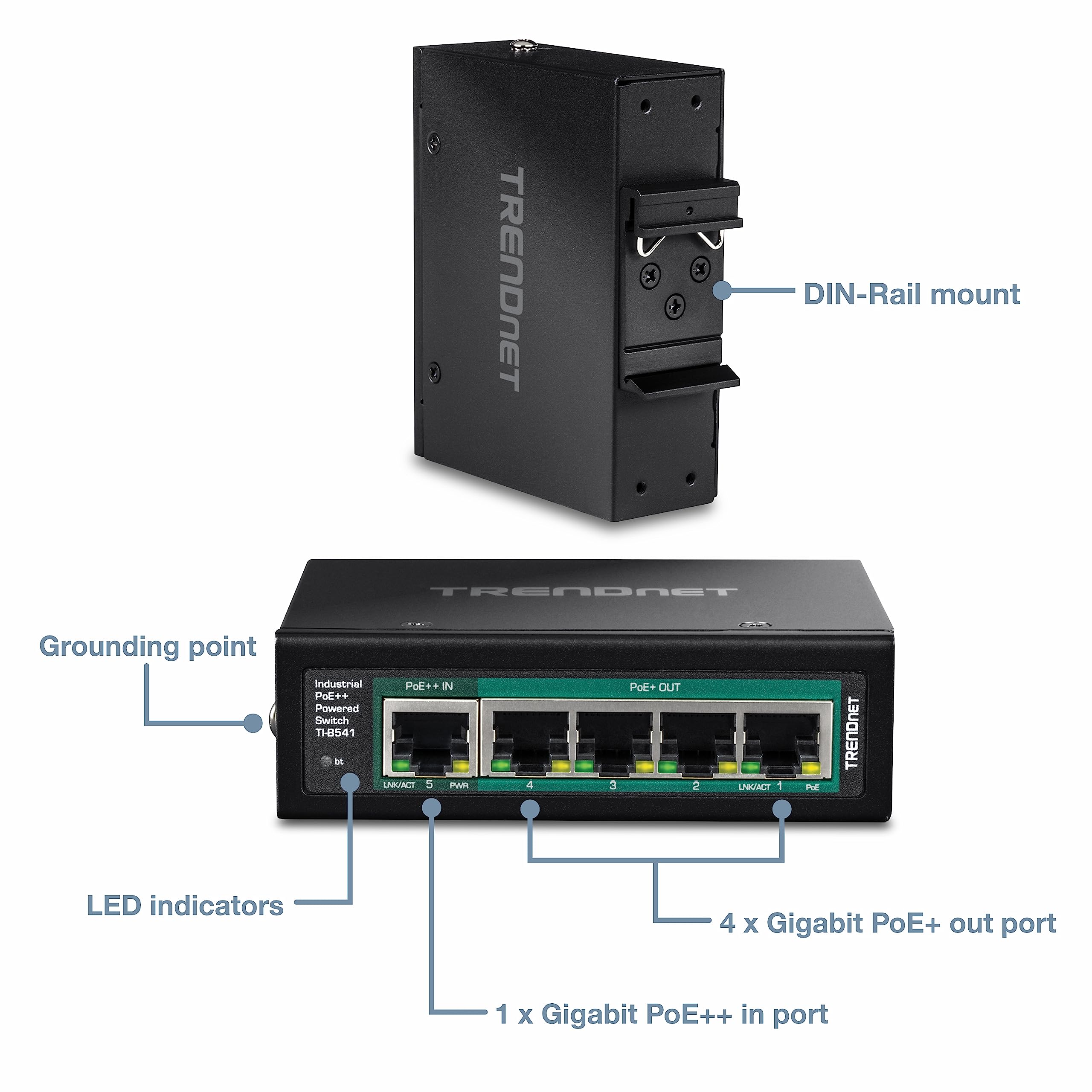 TRENDnet TI-B541 5-Port Industrial Gigabit PoE++ DIN-Rail Switch with PoE Pass-Through & Lifetime Protection - Black | Perfect for Factory Automation, Smart Buildings & Harsh Environments