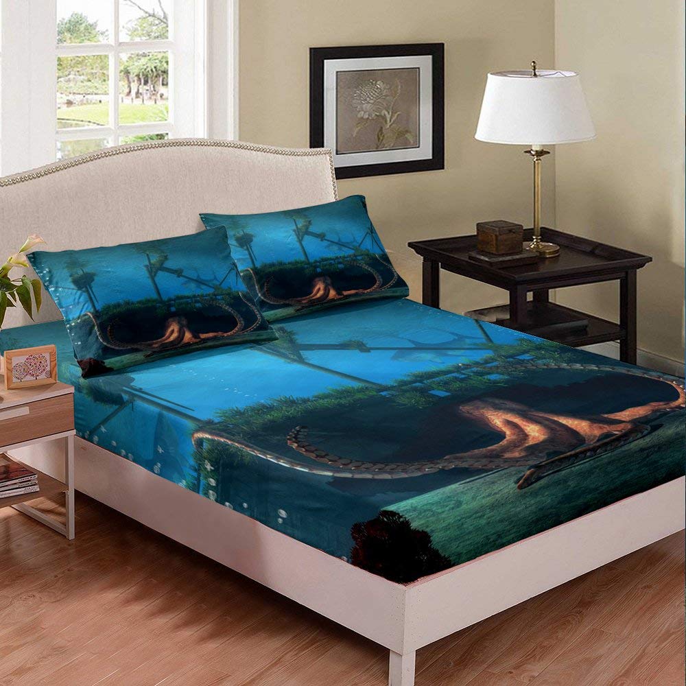 3D Octopus Shark Underwater Ocean Bedding Set - Queen Size Blue Fitted Sheet & 2 Pillowcases - Kids Teens Room Decor for Underwater Themed Bedrooms | Perfect for Marine Life Lovers and Ocean-Themed Bedroom Designs