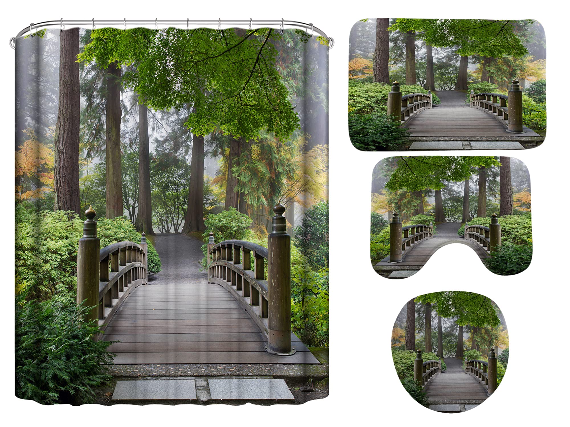 Waterproof Forest Wooden Bridge Shower Curtain Set - Bathroom Decor with Non-Slip Rugs, Toilet Cover & Bath Mat (12 Hooks Included) | Nature Inspired Scenery for Relaxing Shower Experience