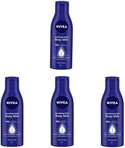 NIVEA Body Milk Nourishing Lotion 75ml (Pack of 4) - 300ml Total - Deep Hydration for Dry Skin - Perfect for Daily Moisturizing & After-Shower Care