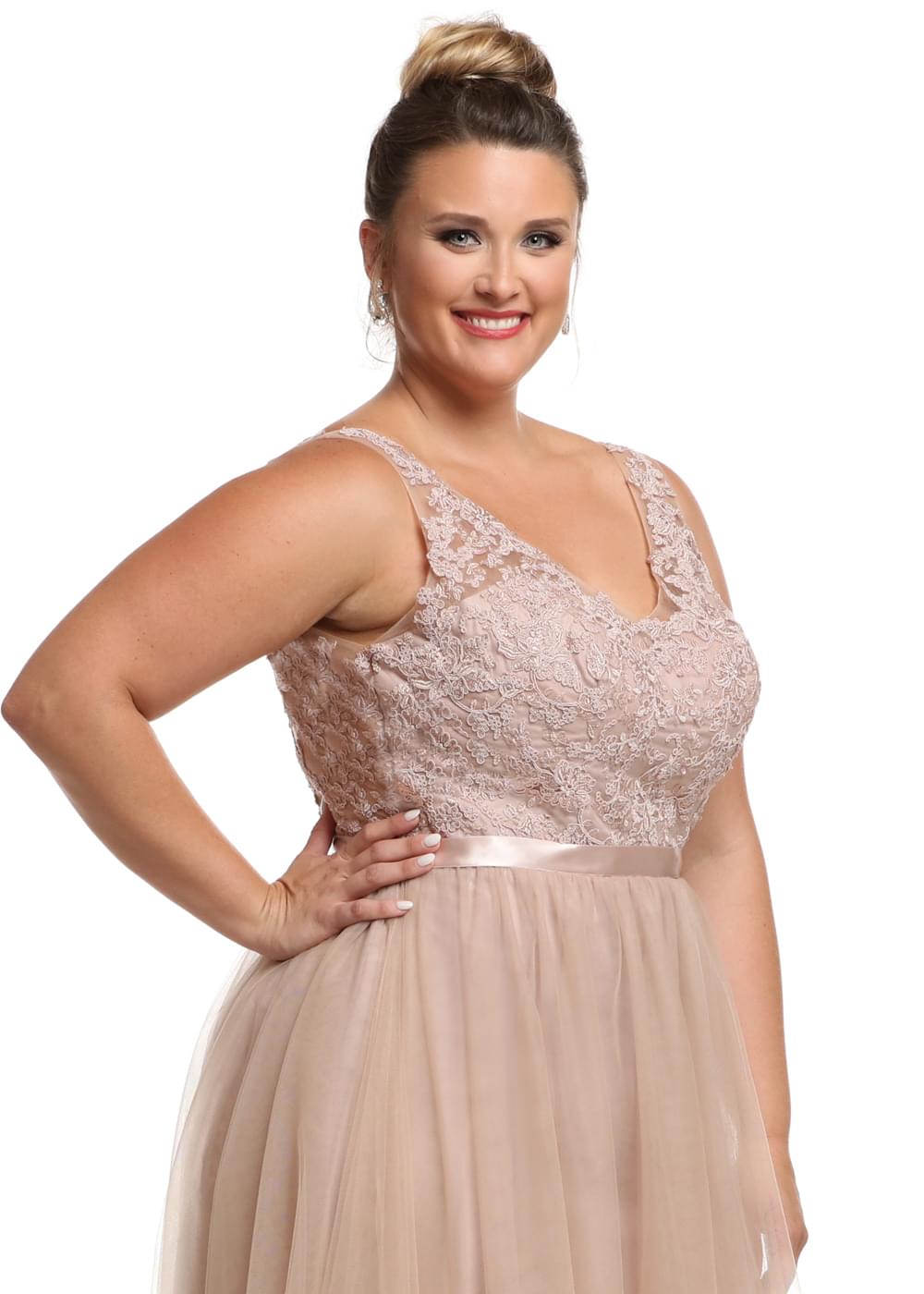 Elegant 80097 A-Line Tulle Bridesmaid Dress with Lace Bodice & Sash - Perfect for Weddings, Prom & Formal Events