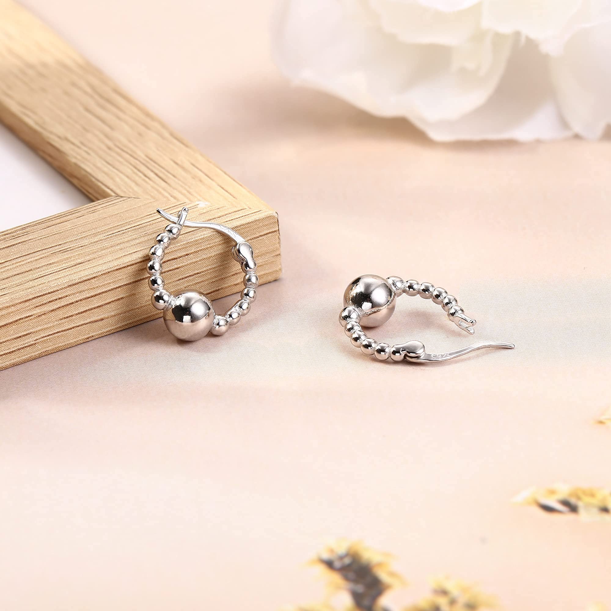 14K Gold Plated CZ Huggie Hoop Earrings for Women - 925 Sterling Silver Beaded Hoops with White Gold Finish - Small Bead Ball Earrings for Everyday Wear & Special Occasions