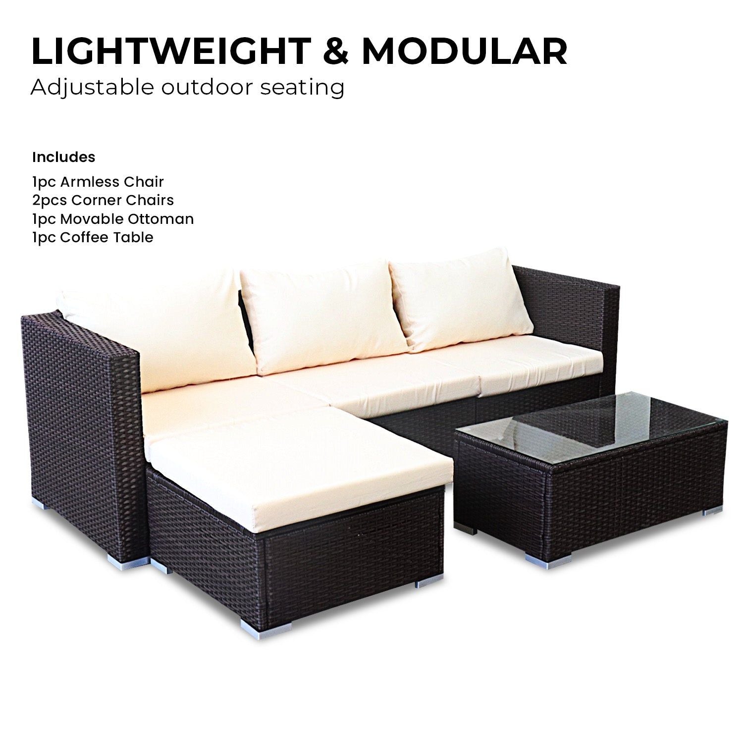 Stylish Sarantino 5-Piece Modular Outdoor Lounge Set - Durable PE Rattan Furniture in Elegant Brown | Perfect for Patio, Garden & Poolside Relaxation