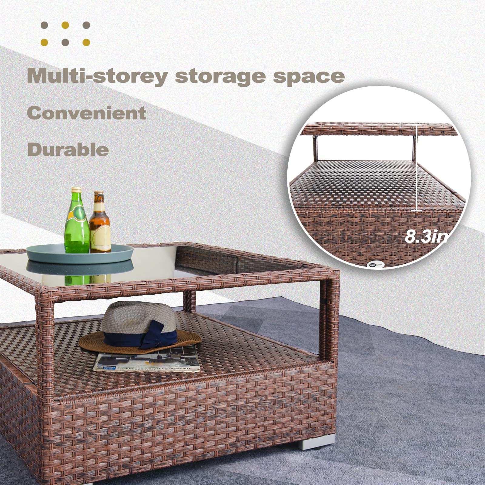 DIMAR GARDEN Outdoor Coffee Table - 29.5 Inch Wicker Patio Rattan Side Table with Tempered Glass Top & Storage Shelf, Mixed Brown - Perfect for Garden, Balcony, and Poolside Relaxation