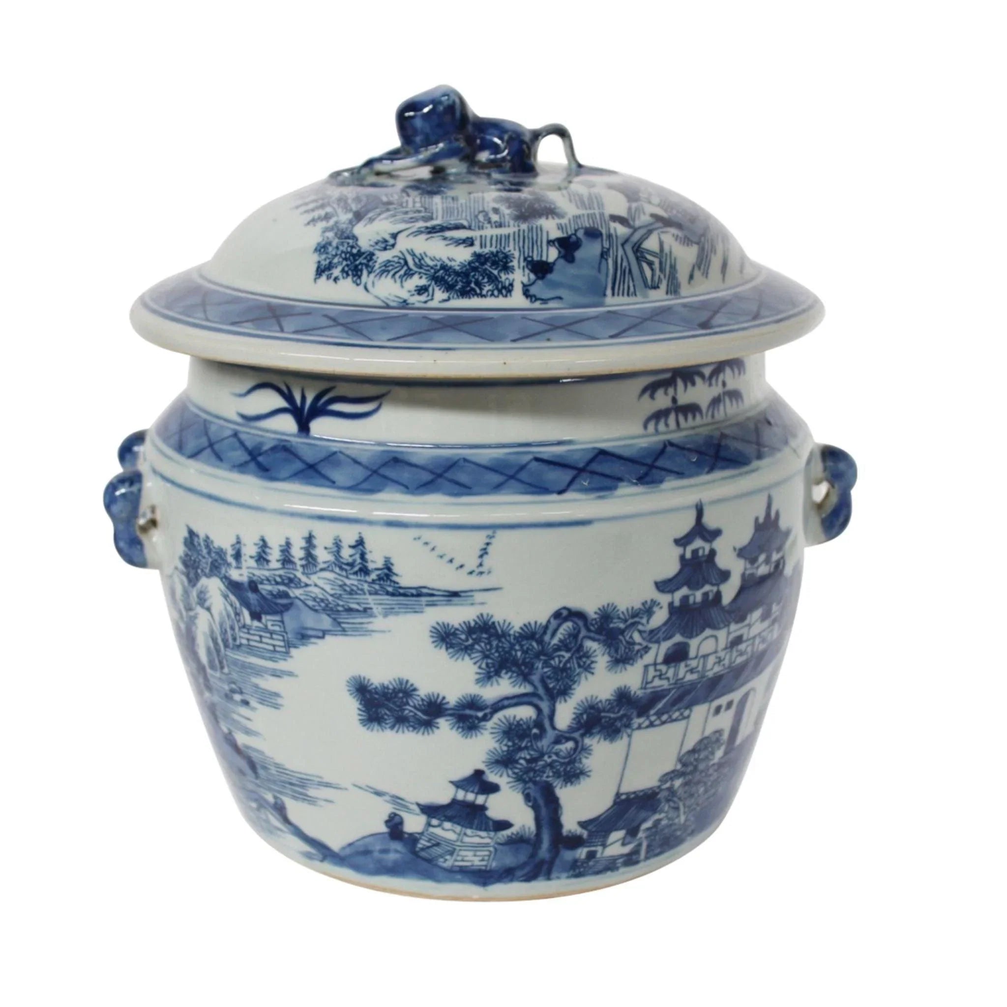Blue Porcelain Rice Storage Jar with Chinoiserie Landscape Design - Airtight Lid for Kitchen Pantry Organization & Asian Home Decor
