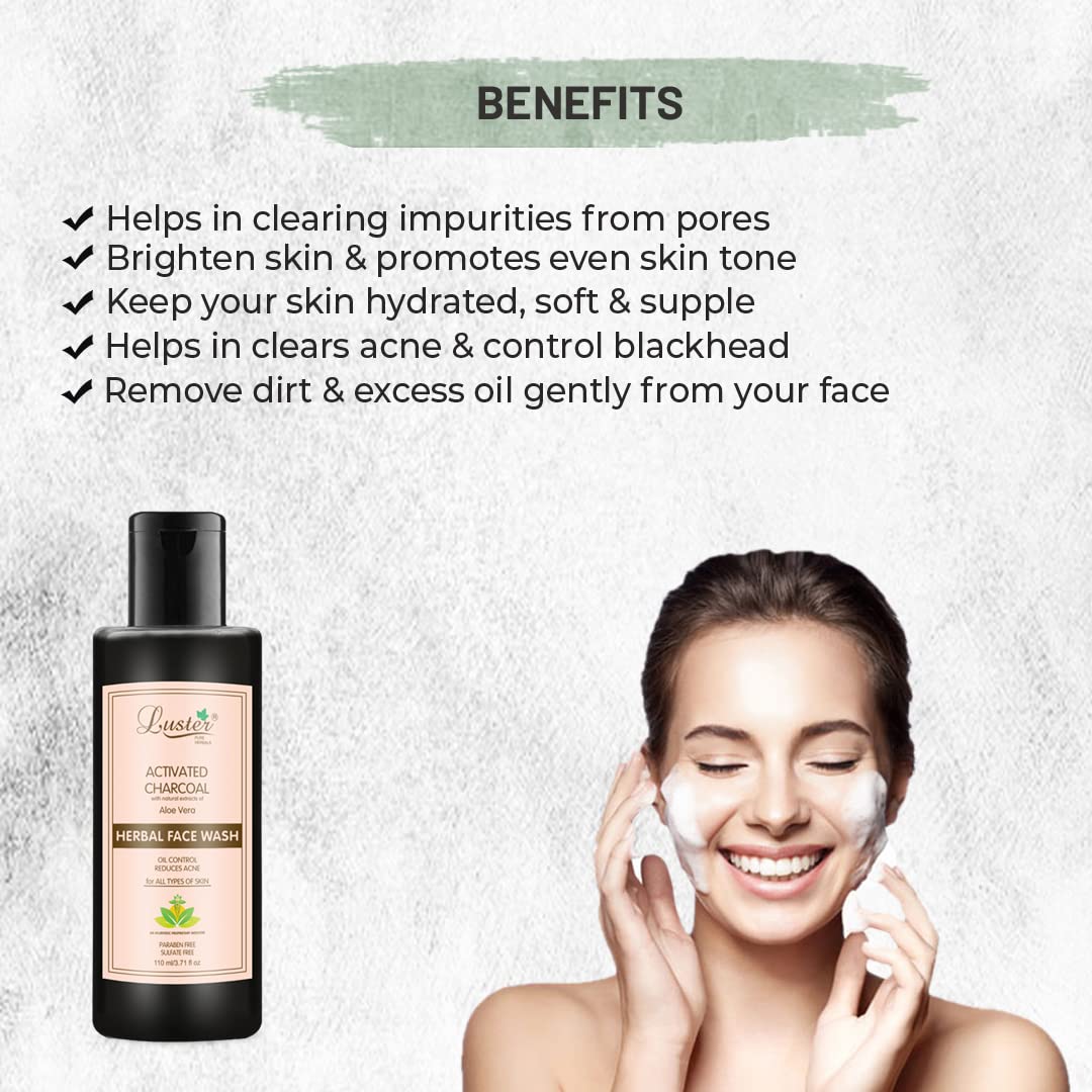 Luster Activated Charcoal Facial Cleanser with Aloe Vera Extract | Deep Pore Cleansing for Acne-Prone Skin | Oil Control & Hydration for Oily & Dry Skin | Sulfate-Free & Paraben-Free Face Wash for Men & Women | 110ml (2-Pack) | Perfect for Daily Skincare Routine & Travel