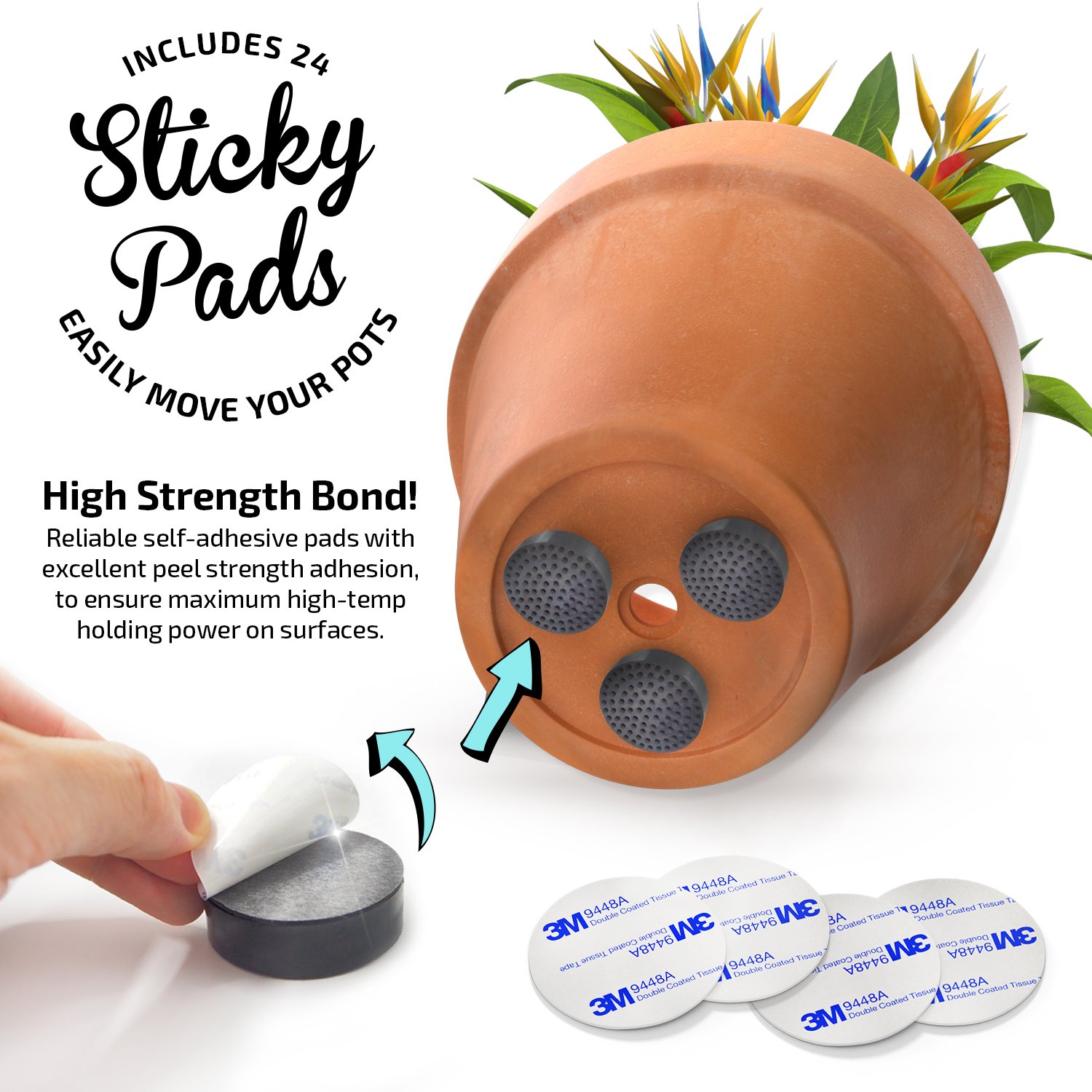 24 Pack Invisible Pot Feet for Outdoor Planters & Flower Pots - Solid Rubber Pot Risers with Non-Slip Grip + 24 Self-Adhesive Pads | Pebble Black | Perfect for Patio, Deck & Garden Drainage