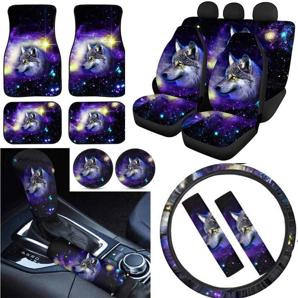 UNICEU Wolf Galaxy Design 15-Piece Car Accessories Set - Seat Covers, Floor Mats, Steering Wheel Cover, Seatbelt Pads, Handbrake & Shift Knob Covers, Car Coasters for Men & Women | Perfect for Jeep, SUV, Truck Interior Protection & Style Upgrade