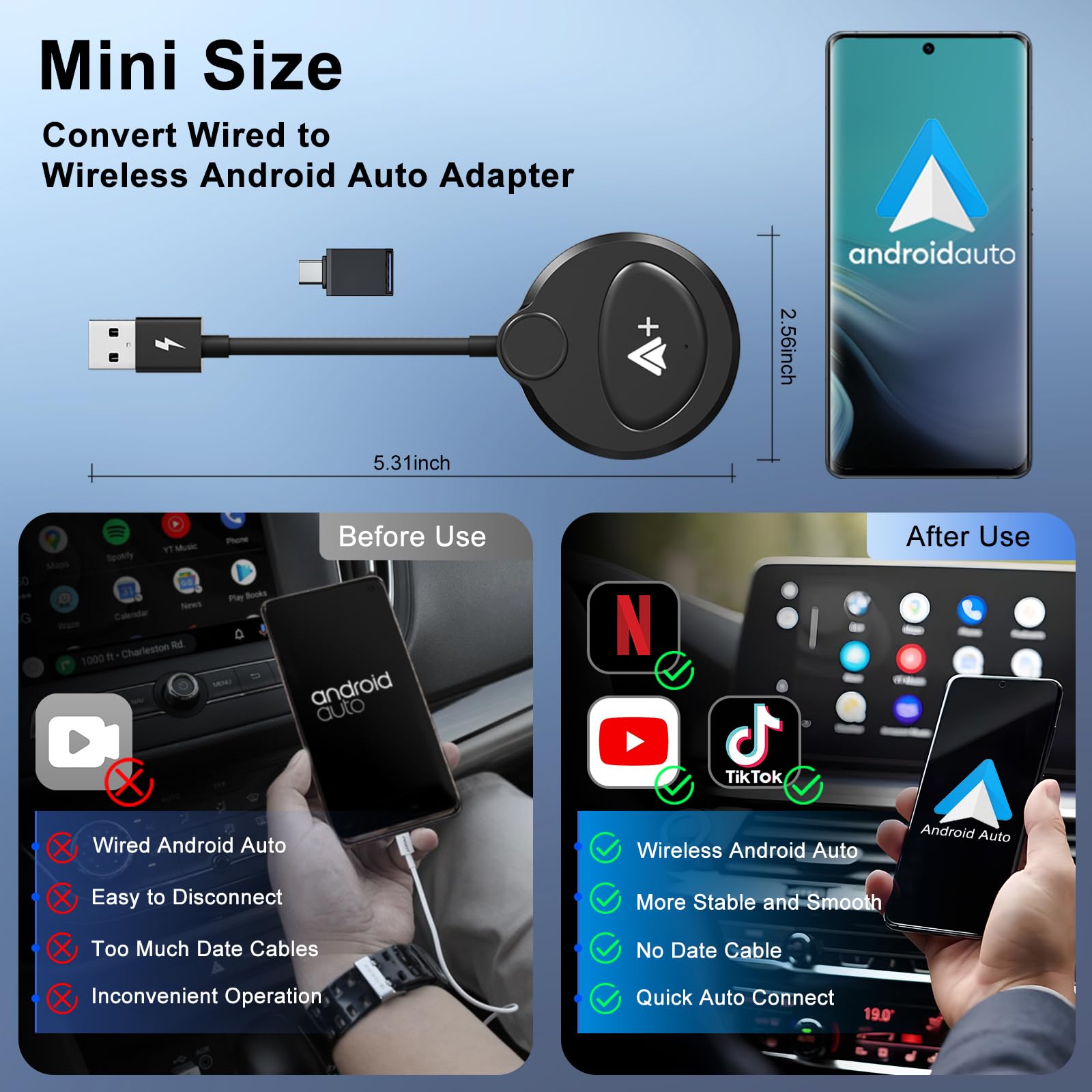 Wireless Android Auto Car Adapter - Convert Wired to Wireless, Supports Netflix YouTube TikTok, Low Latency, Easy Installation (Black) | Perfect for Streaming Entertainment & Hands-Free Driving