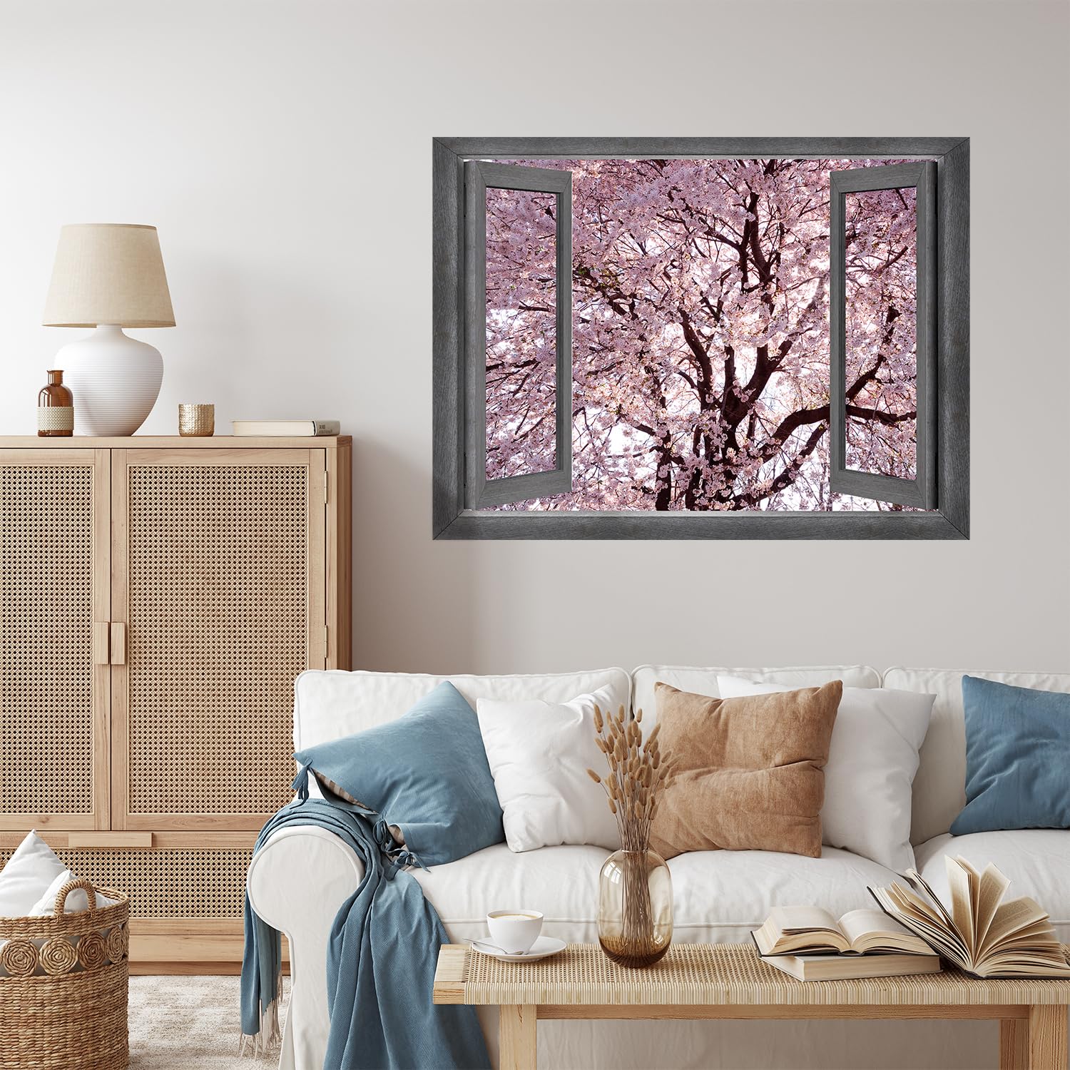 Wall26 - Open Window Cherry Blossom Forest Wall Mural - 36x48 Inch Removable Peel & Stick Wallpaper - Nature Inspired Home Decor for Living Room, Bedroom & Office