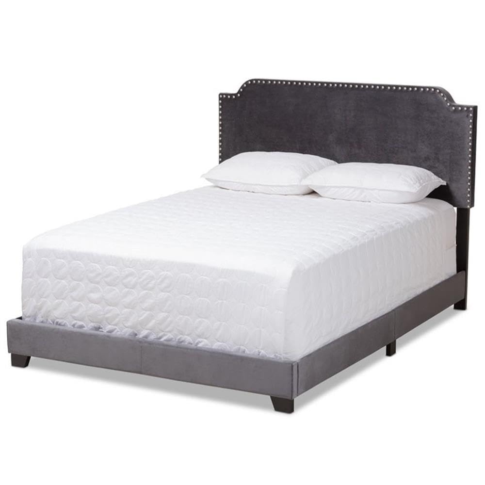 BOWERY HILL Velvet Nailhead Upholstered King Bed Frame in Grey - Luxurious Upholstered Bed for Master Bedroom, Guest Room & Modern Home Decor