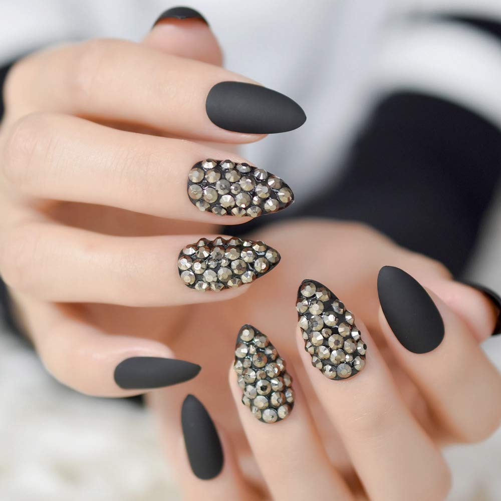 Matte Black Stiletto False Nails with Rhinestones - 24pcs Long Pointed Sharp Fake Nails for Women | Shimmer Shiny Artificial Nails for Parties, Weddings & Special Occasions
