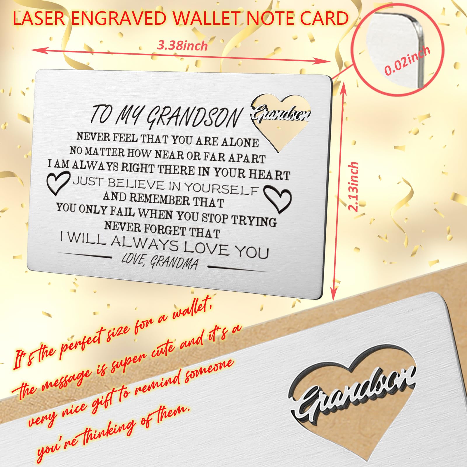 YODOCAMP Engraved Wallet Card for Grandson - Heartfelt Gift from Grandma for Birthday, Christmas, Graduation & Deployment - 'I Will Always Love You' Keepsake - Perfect for Everyday Carry & Special Occasions