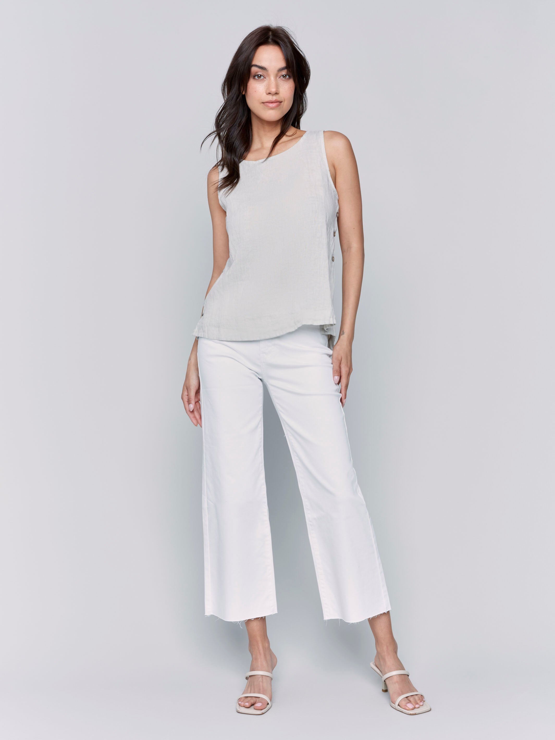 Breathable Sleeveless Linen Top with Side Buttons - Natural Color Women's Summer Blouse for Beach, Vacation & Casual Outings