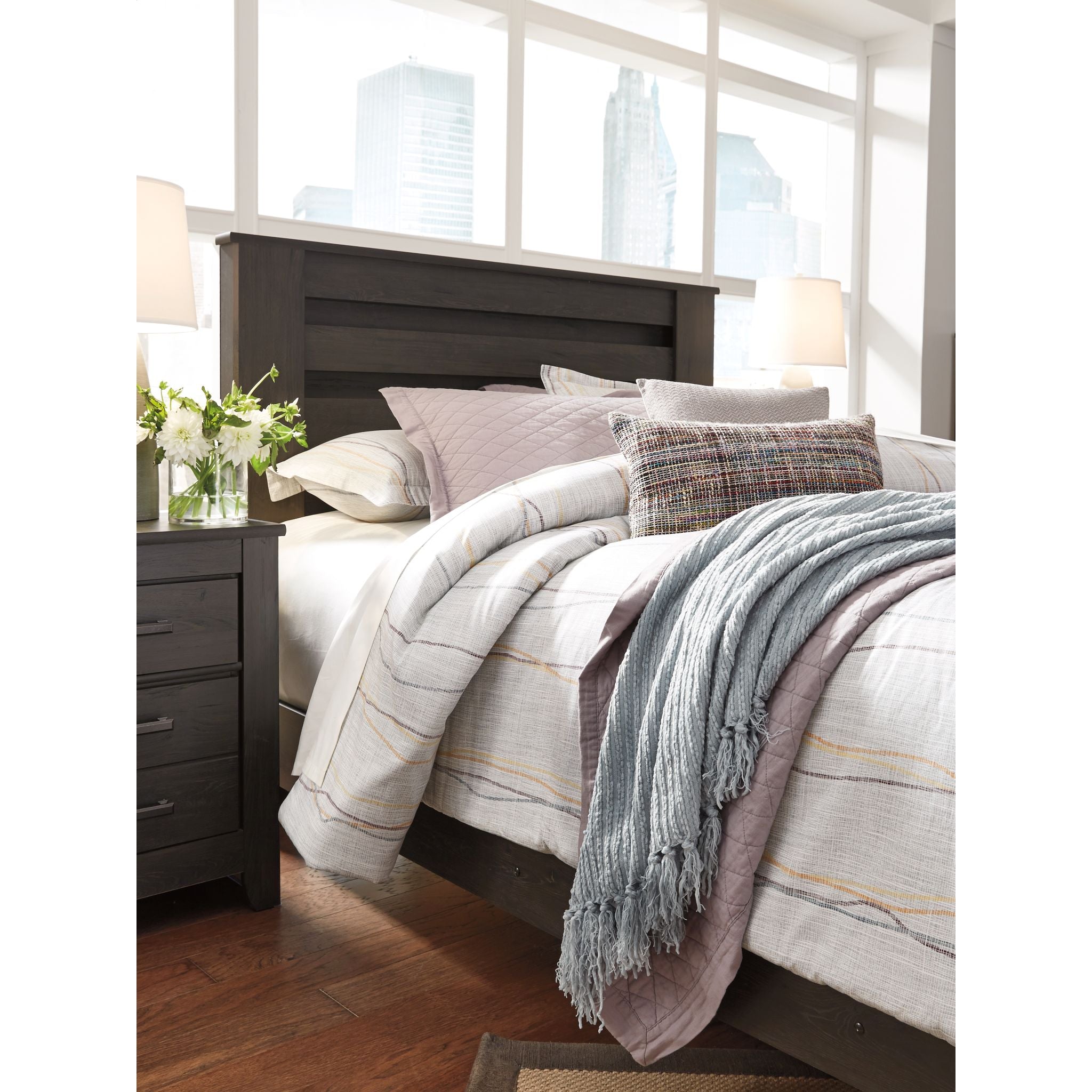 Brinxton Full Panel Bed Frame - Queen Size, Charcoal Finish - Modern Platform Bed with Upholstered Headboard for Bedroom Decor