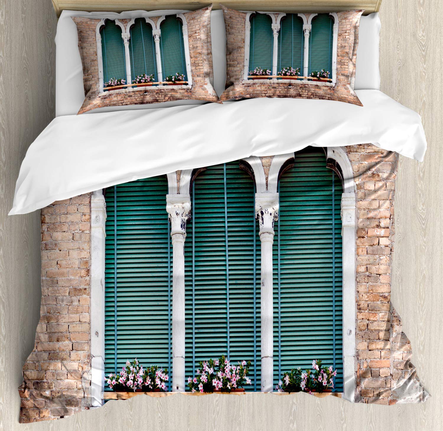 Ambesonne Venice Duvet Cover Set - King Size 2-Pack with 2 Duvet Covers & 4 Pillowcases | Traditional Gothic Style Windows with Flower Pots on Brick Wall Design | Pale Brown White Blue Bedding | Perfect for Gothic Themed Bedrooms, Guest Rooms & Luxury Hotel Decor