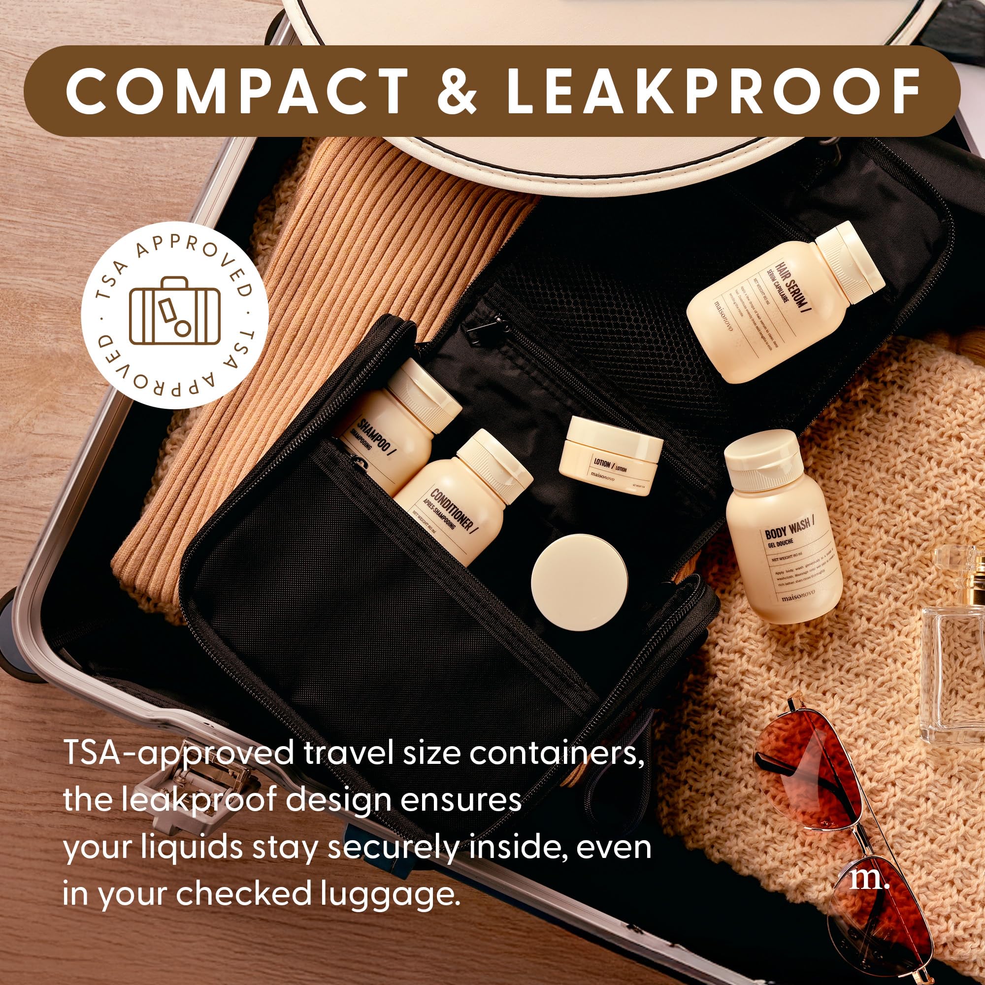 MAISONOVO TSA Approved Travel Bottles for Toiletries - 4-Pack Leak Proof Refillable Containers with Waterproof Toiletry Bag | Perfect for Airplane Carry-On, Gym, Camping & Vacation Essentials