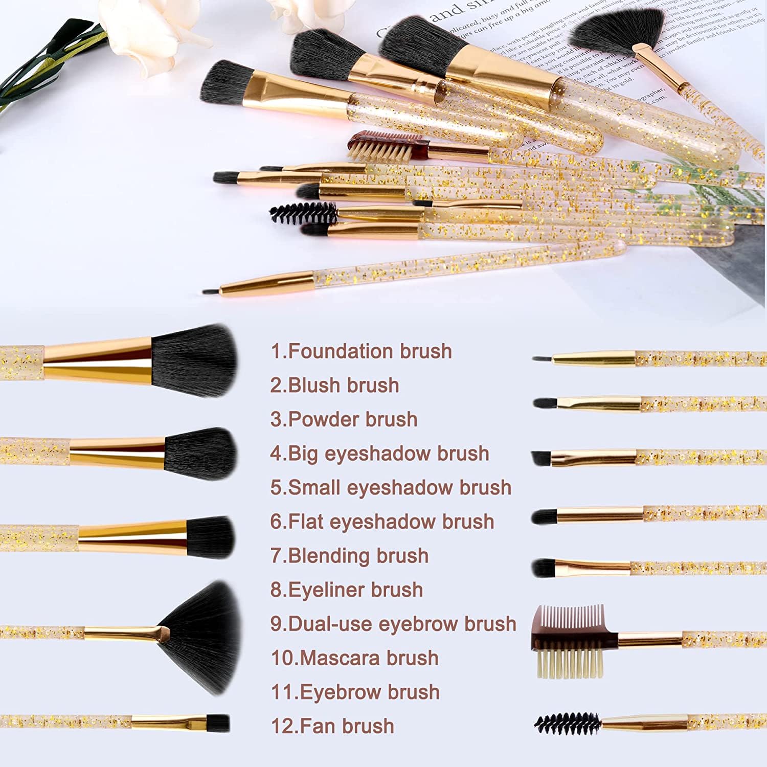 CARAPACE 12-Piece Glitter Dust Makeup Brush Set with Shimmer Storage Case - Professional Cosmetic Brushes for Eyeshadow, Blush, Contouring - Perfect for Makeup Artists & Beauty Enthusiasts