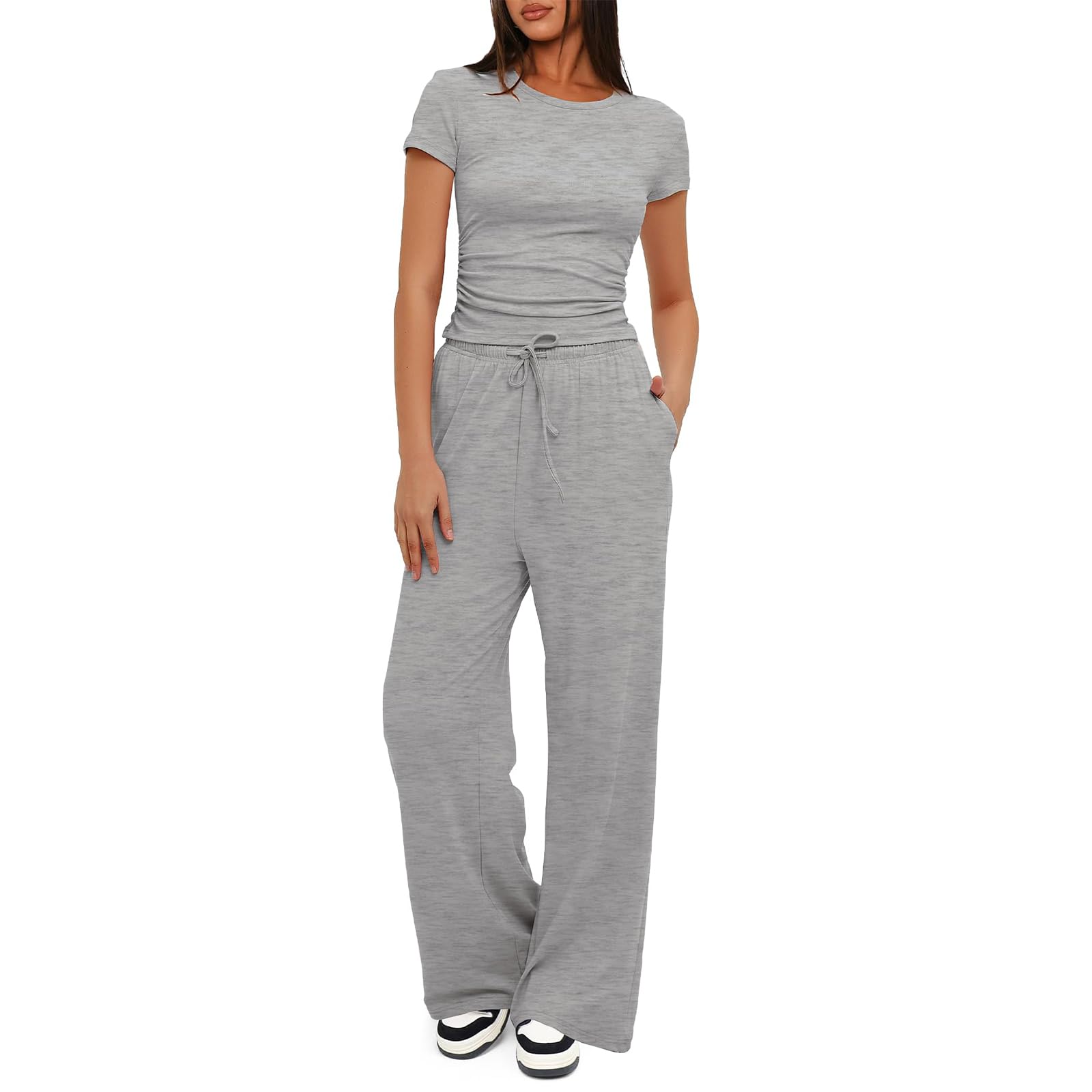 IYOWEL Women's 2 Piece Lounge Set - Ruched Short Sleeve Top & High Waisted Wide Leg Pants Tracksuit - Casual Streetwear Outfit for Home, Travel & Yoga