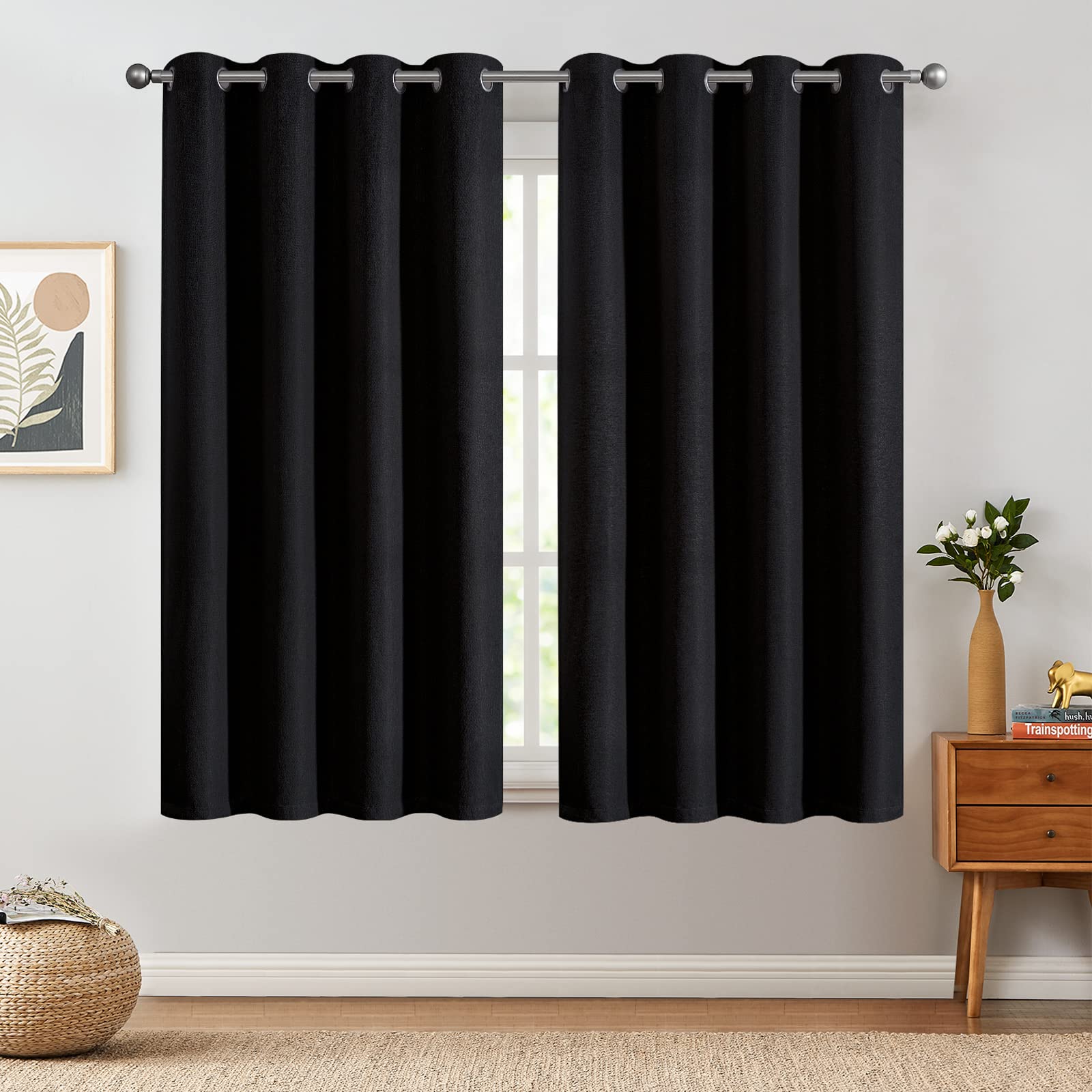 Premium Blackout Curtains for Bedroom & Living Room - 63 Inch Thermal Insulated Linen Textured Window Drapes with Grommet Top (2 Panels, Black) - Perfect for Light Blocking, Energy Saving & Home Decor