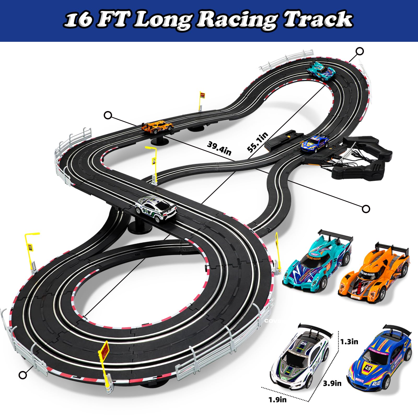 Electric Slot Car Race Track Set for Kids - 4 Slot Cars, Dual Racing Track & 2 Hand Controllers - RC Racing Toy for Boys & Girls Ages 8-12 - Perfect Birthday Gift for Indoor Racing Fun & Family Game Nights
