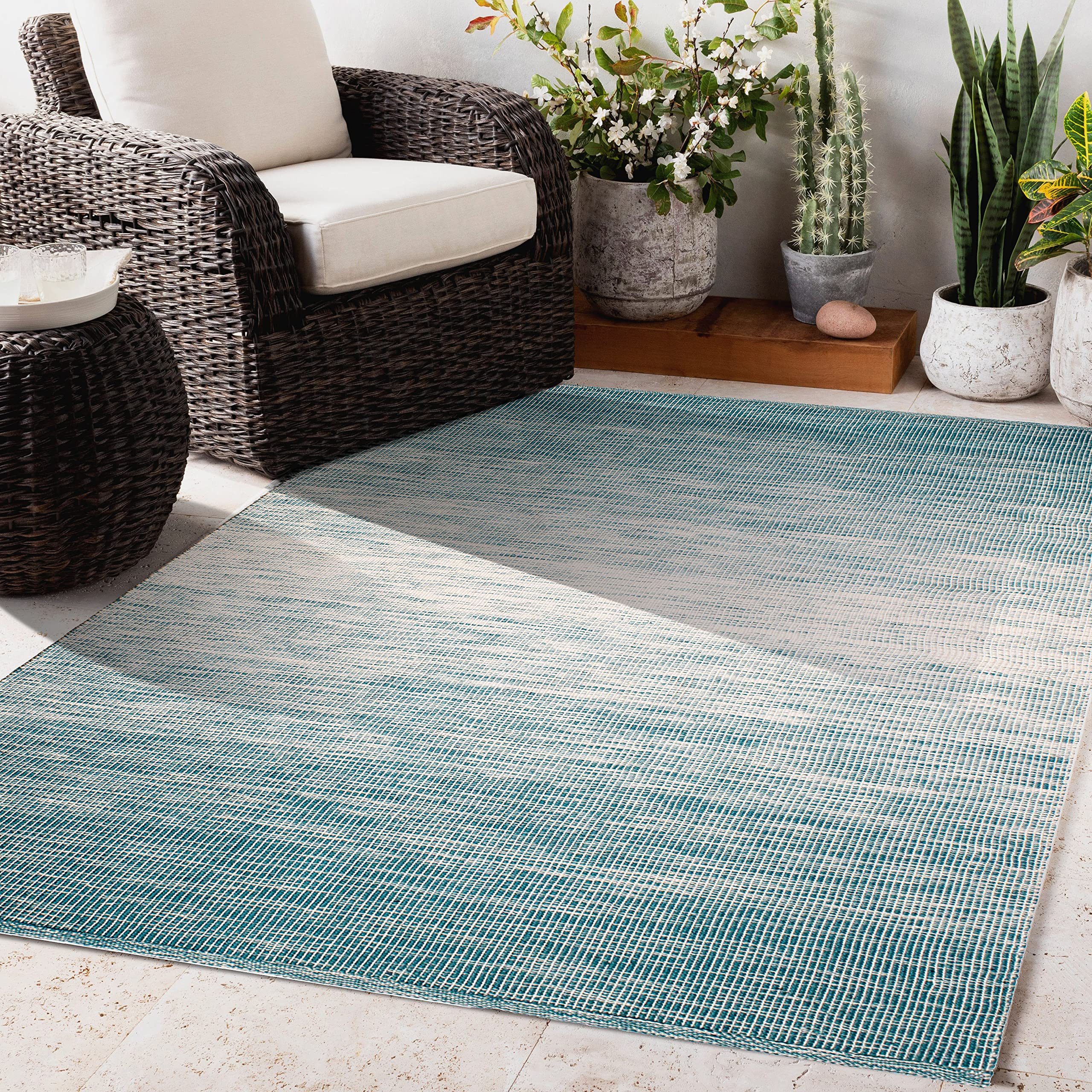 Eco-Friendly Handwoven Indoor Outdoor Floor Rug - Made from Recycled Plastic Bottles - Stockholm Teal (4' x 6') - Perfect for Patio, Deck, Living Room & Bedroom