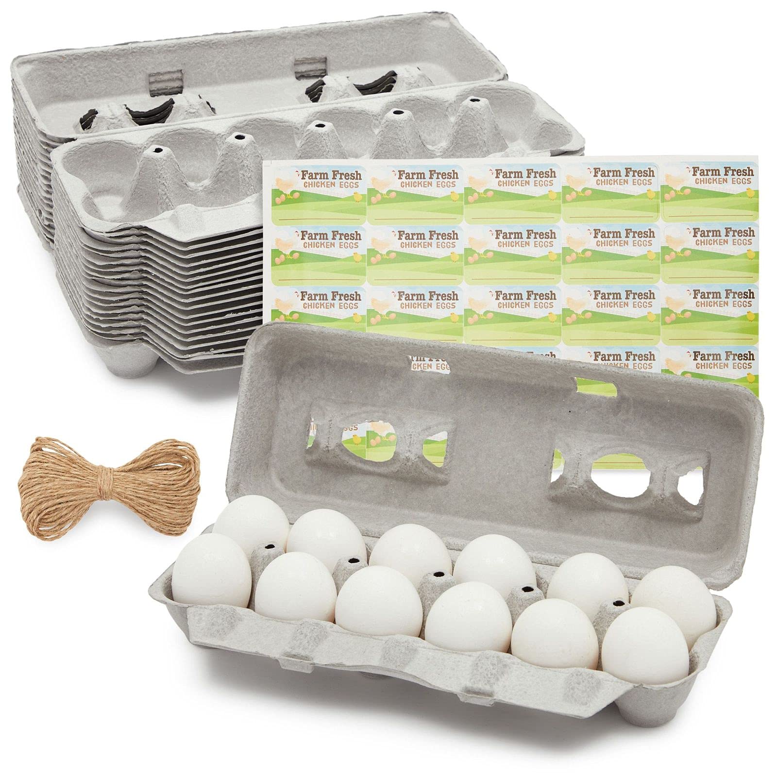 18 Pack Bulk Paper Egg Cartons - Holds 1 Dozen Chicken Eggs, Includes Labels & Twine - Perfect for Farmers Markets, Organic Eggs & Eco-Friendly Packaging