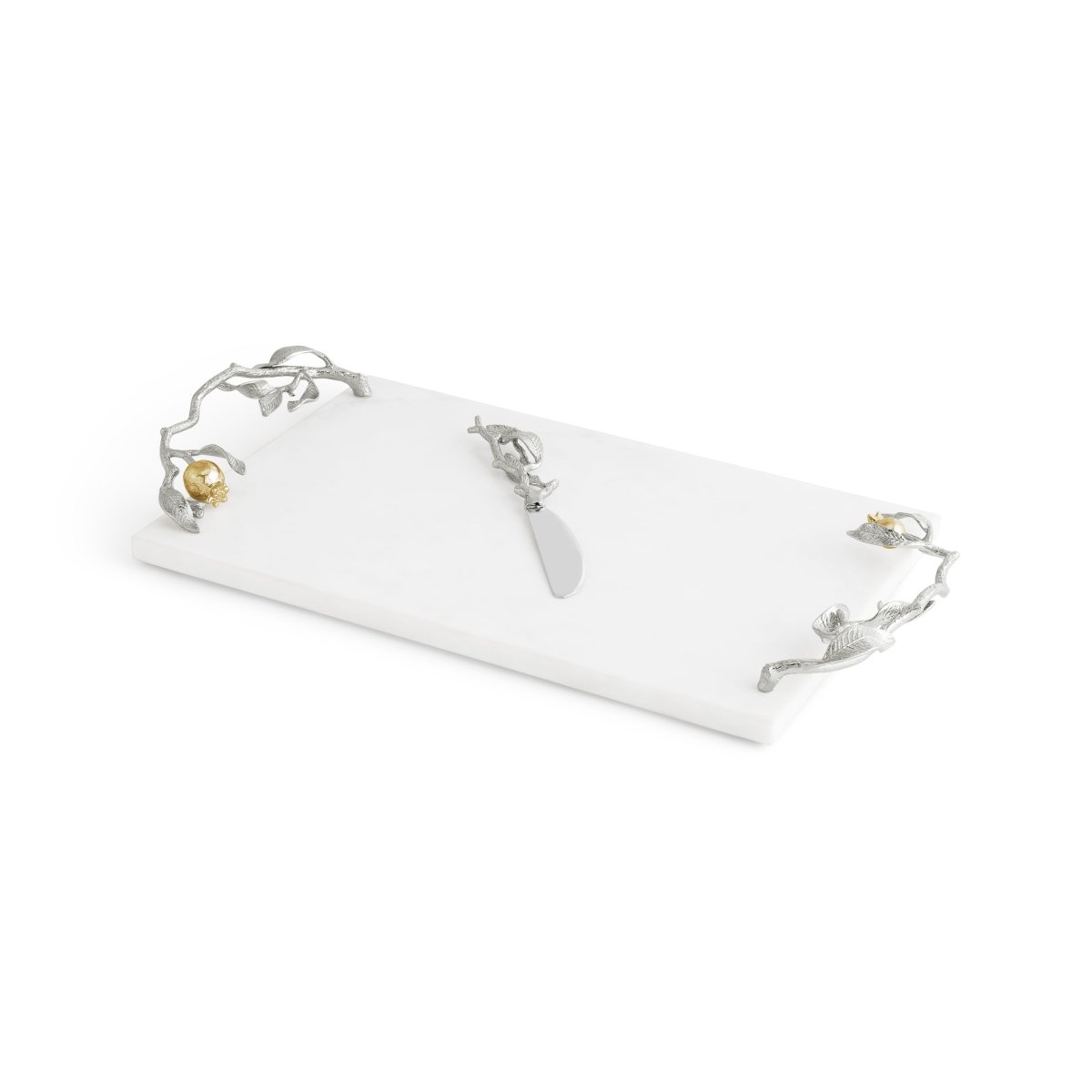 Elegant Pomegranate Silver & Gold Cheese Board Set with Spreader - Perfect for Wine Parties, Charcuterie Platters & Holiday Entertaining