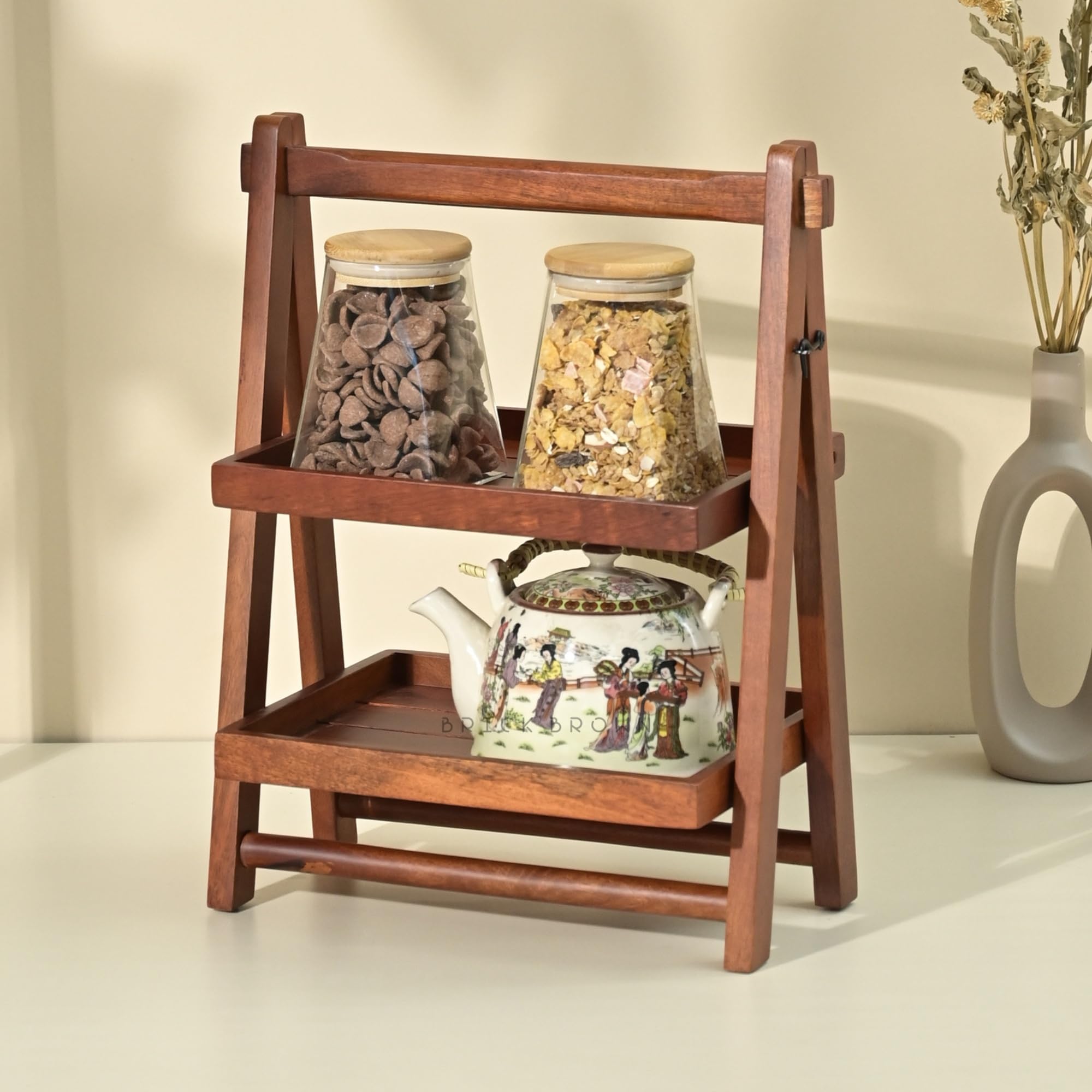 Brick Brown ® Handcrafted Premium Foldable Wooden Organizer with Double Tray | Wooden Grocery Rack - Small Mahogany Rectangular (16x12x8.3 inches) | Perfect for Kitchen Countertops, Pantry Storage & Office Desk Organization