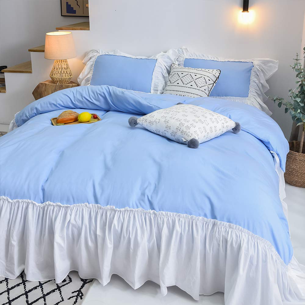 Premium 100% Cotton 600 TC Smart Sheet with Side Pocket & Duvet Cover Set - 4 Piece Light Blue Ruffled Bedding Set for Queen Size Bed | Romantic Princess Style | Perfect for Guest Rooms, Master Bedrooms & Cozy Home Decor