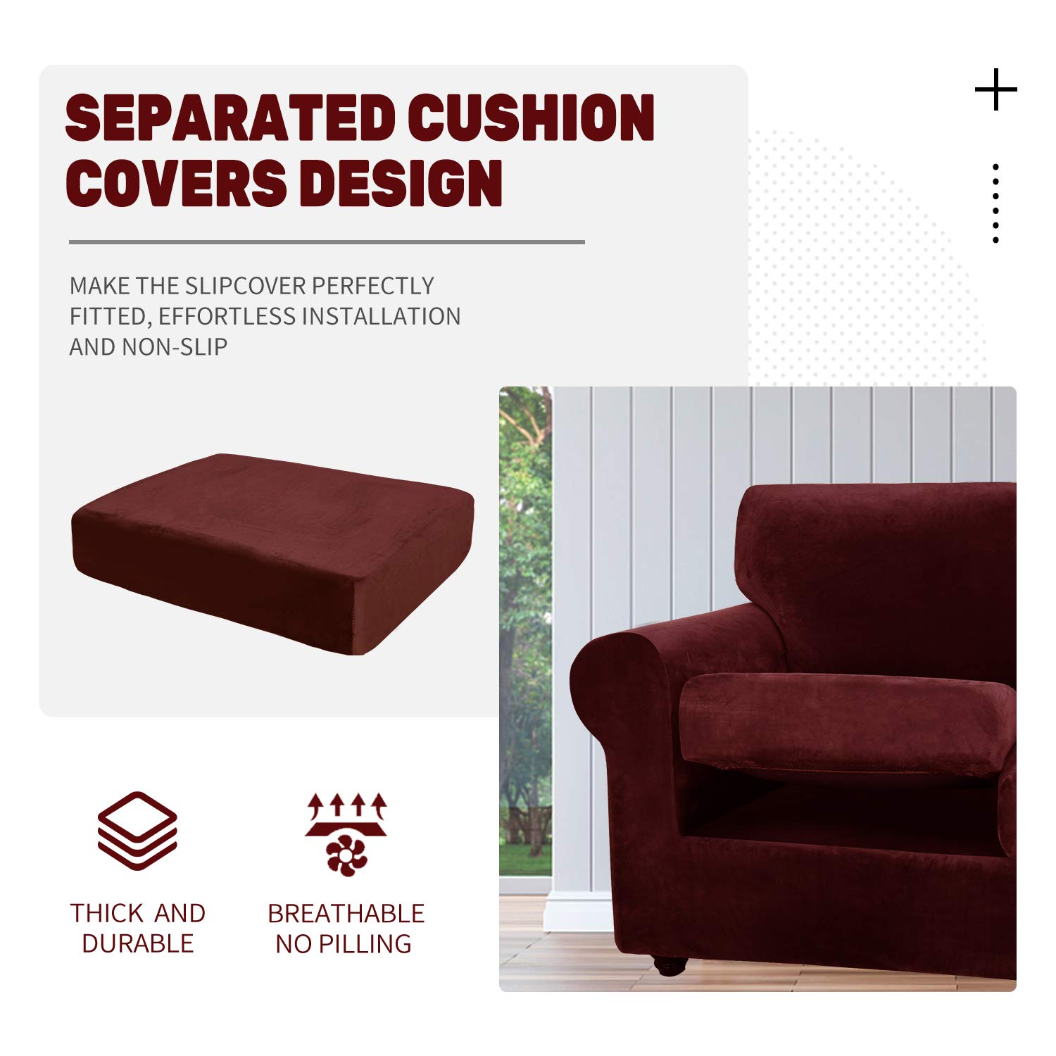 Luxury Velvet Plush 3-Piece Stretch Sofa Slipcover Set - Super Soft Anti-Slip Spandex Couch Cover for 2-Cushion Loveseat - Wine Red Furniture Protector for Living Room, Perfect for Pets & Home Decor
