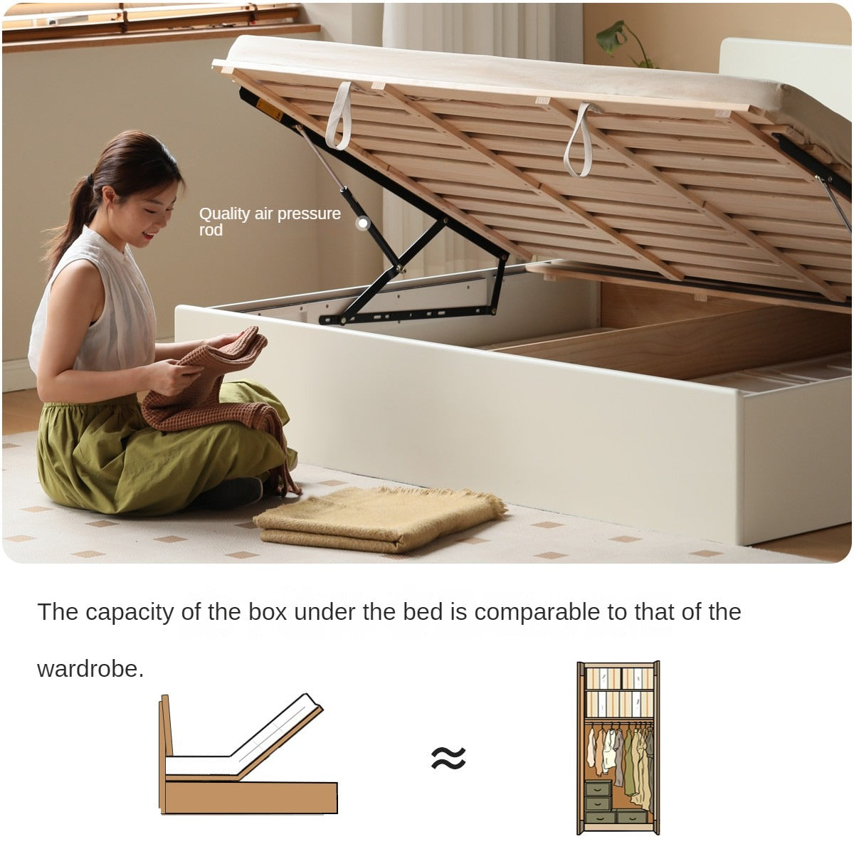 Solid Poplar Wood Box Storage Bed in Cream - Underbed Storage Solution for Small Spaces, Bedroom Organization & Minimalist Decor