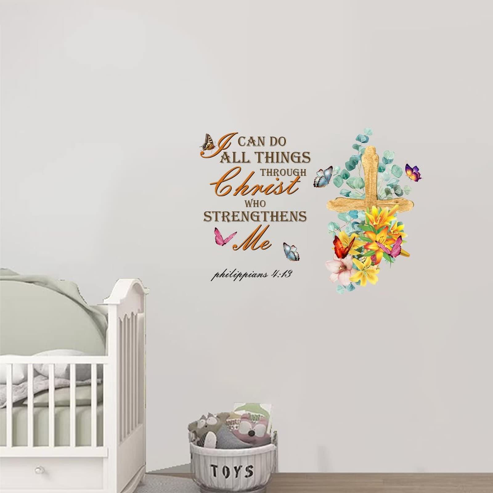 Custom Inspirational Wall Decal - 'I Can Do All Things Through Christ' Bible Verse with Lily Flower & Cross Design - 22 Inch Religious Wall Stickers for Bedroom, Living Room, Office - Perfect for Christian Home Decor & Gift Giving