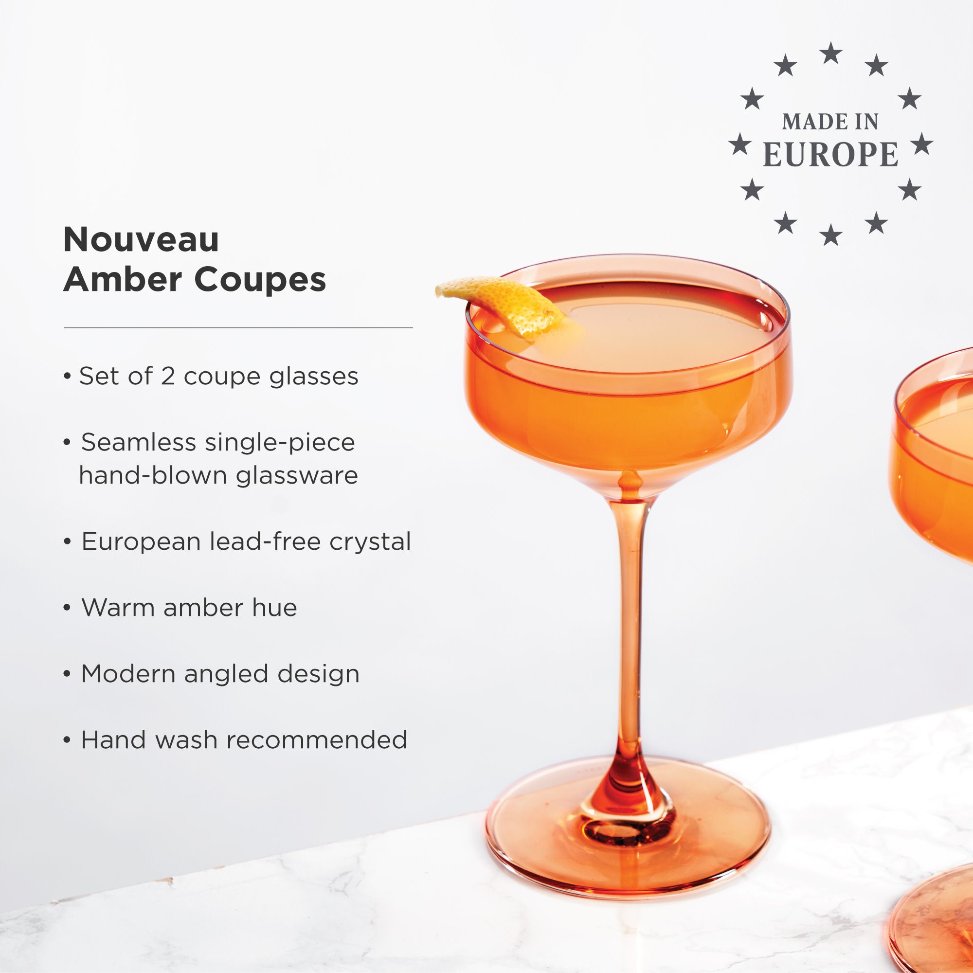 Premium Amber Crystal Coupe Glasses Set of 2 - Elegant Vintage Champagne Glasses for Wedding Toasts, Cocktail Parties & Fine Dining