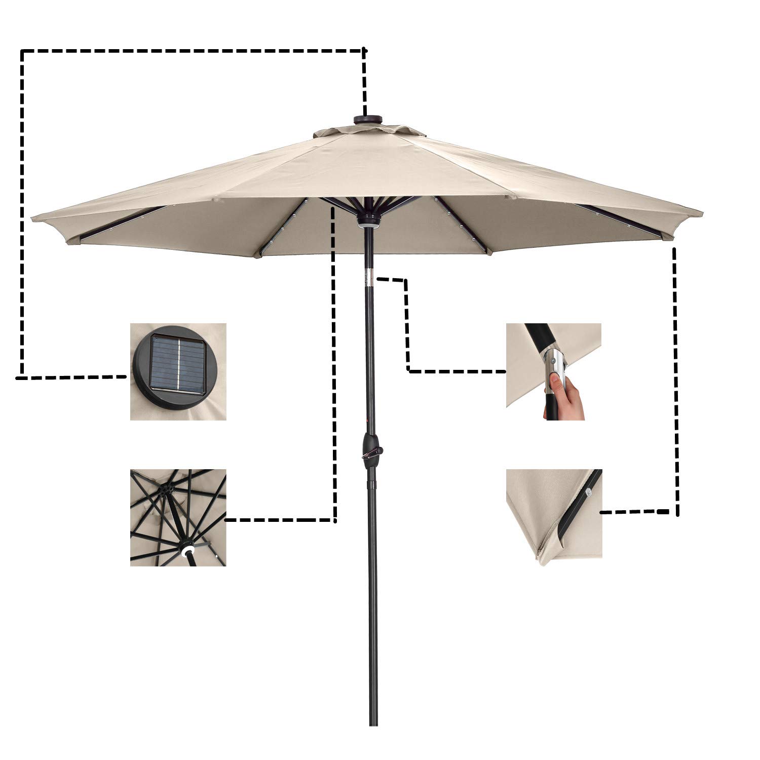 10ft Solar LED Patio Umbrella with 40 LED Lights - Outdoor Garden Umbrella with Auto On/Off (Light Khaki) - Perfect for Backyard, Poolside, and Outdoor Dining Areas