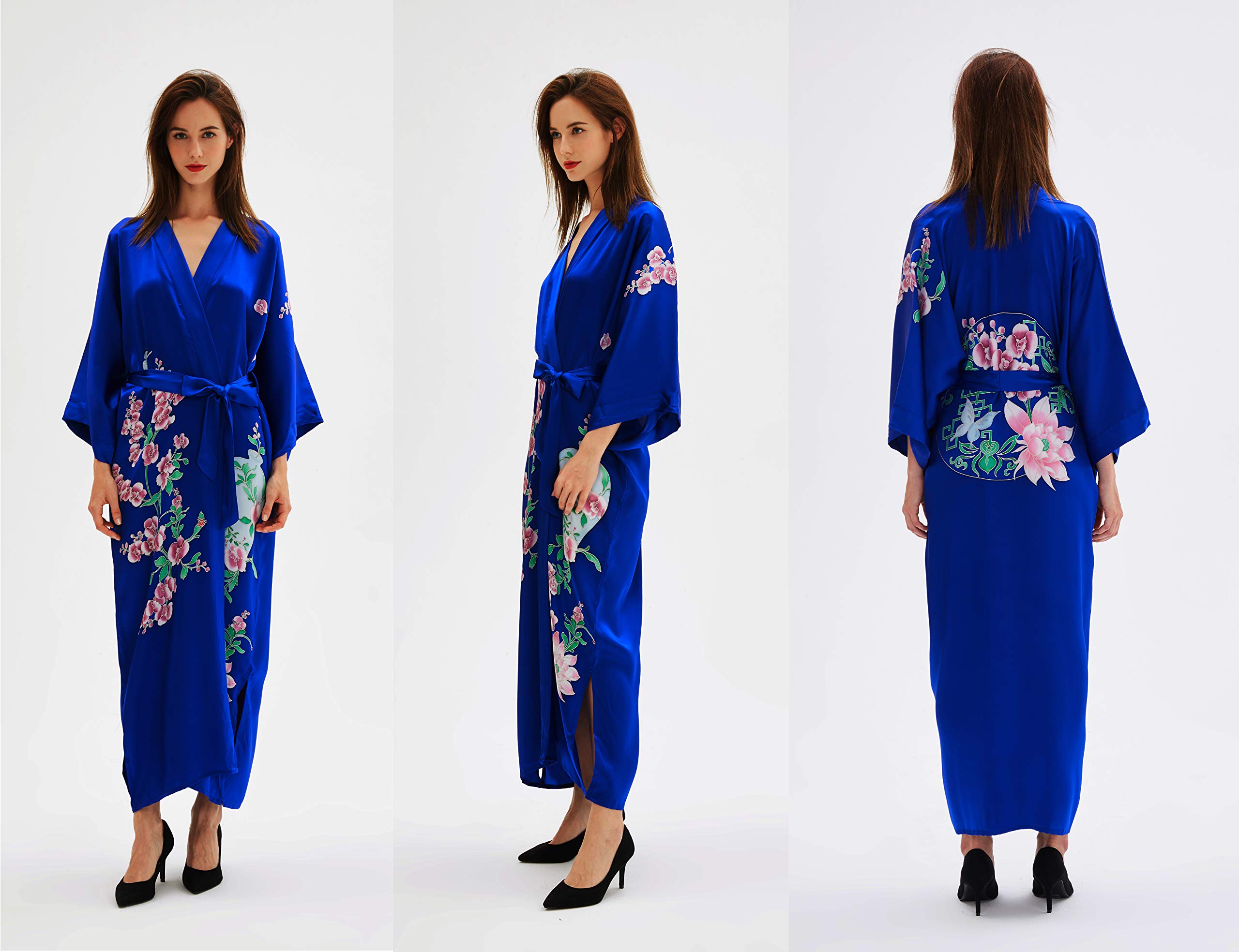 Hand-Painted Silk Kimono Robe for Women - Elegant Long Nightgown & Sleepwear - Perfect for Lounging, Spa Days, and Bridal Dressing