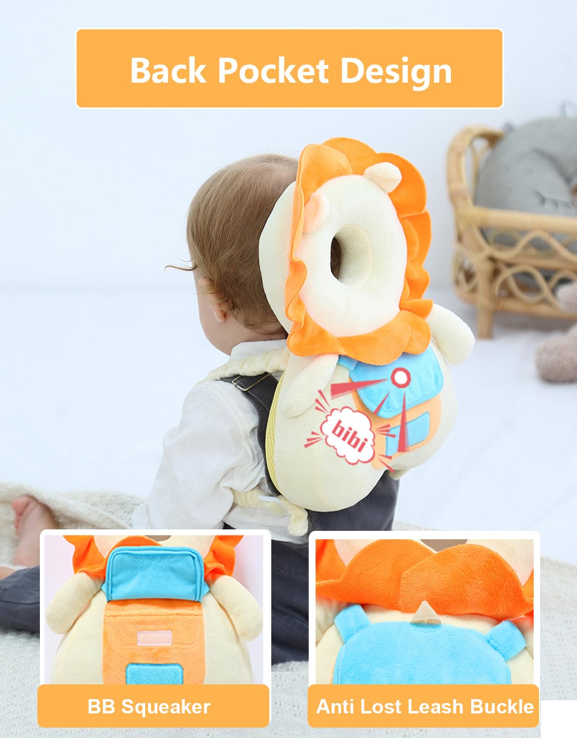 Baby Head Safety Protector Pad for Toddler Walkers - Soft Infant Head Protection Backpack Cushion with Talking Feature (Yellow Lion Design) - Prevent Bumps & Falls for Learning to Walk Babies