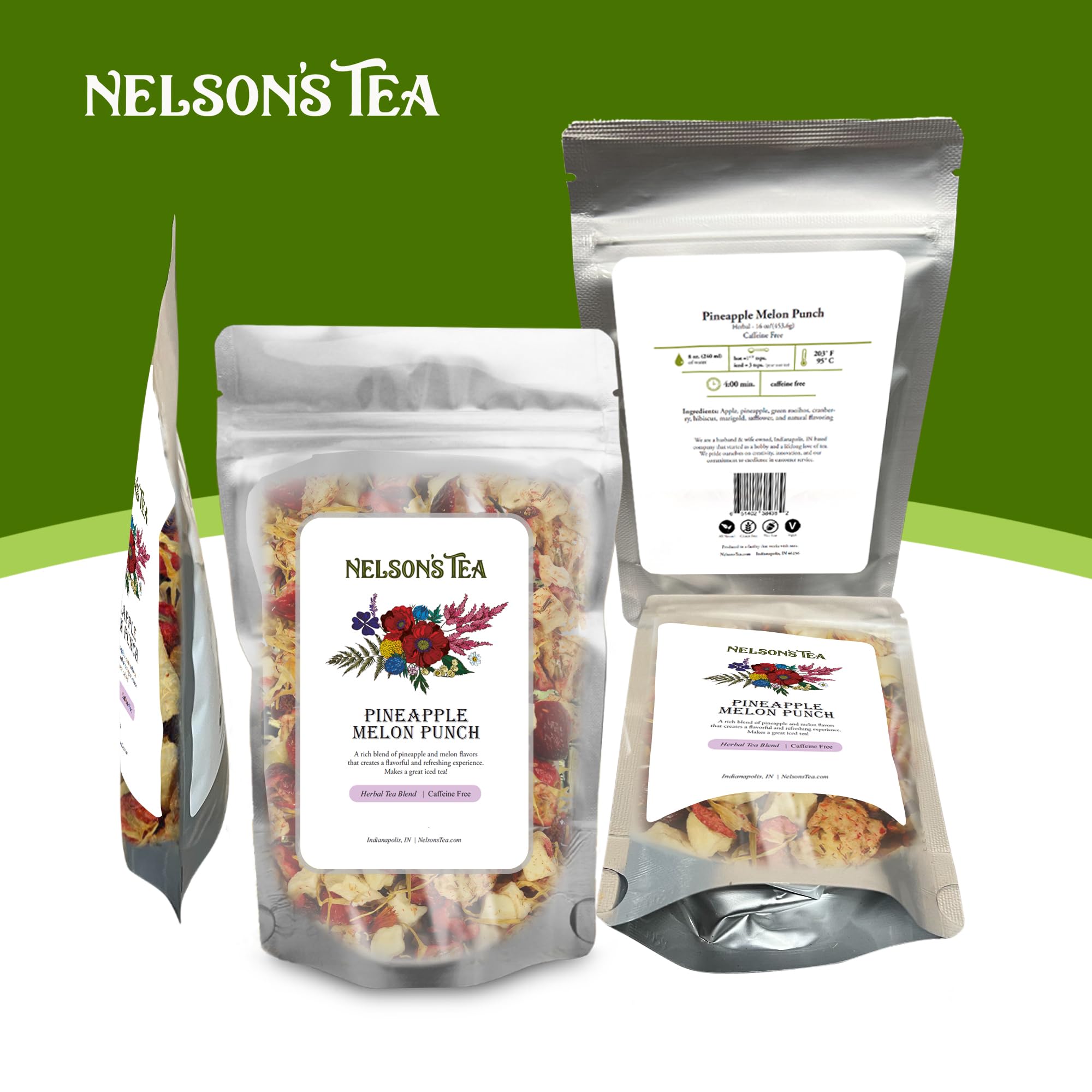 Nelson's Tea Pineapple Melon Punch - Premium Loose Leaf Rooibos Green Tea Blend with Apple, Cranberry, Hibiscus, Marigold & Safflower (16 oz) | Antioxidant-Rich Herbal Tea for Relaxation, Iced Tea & Wellness