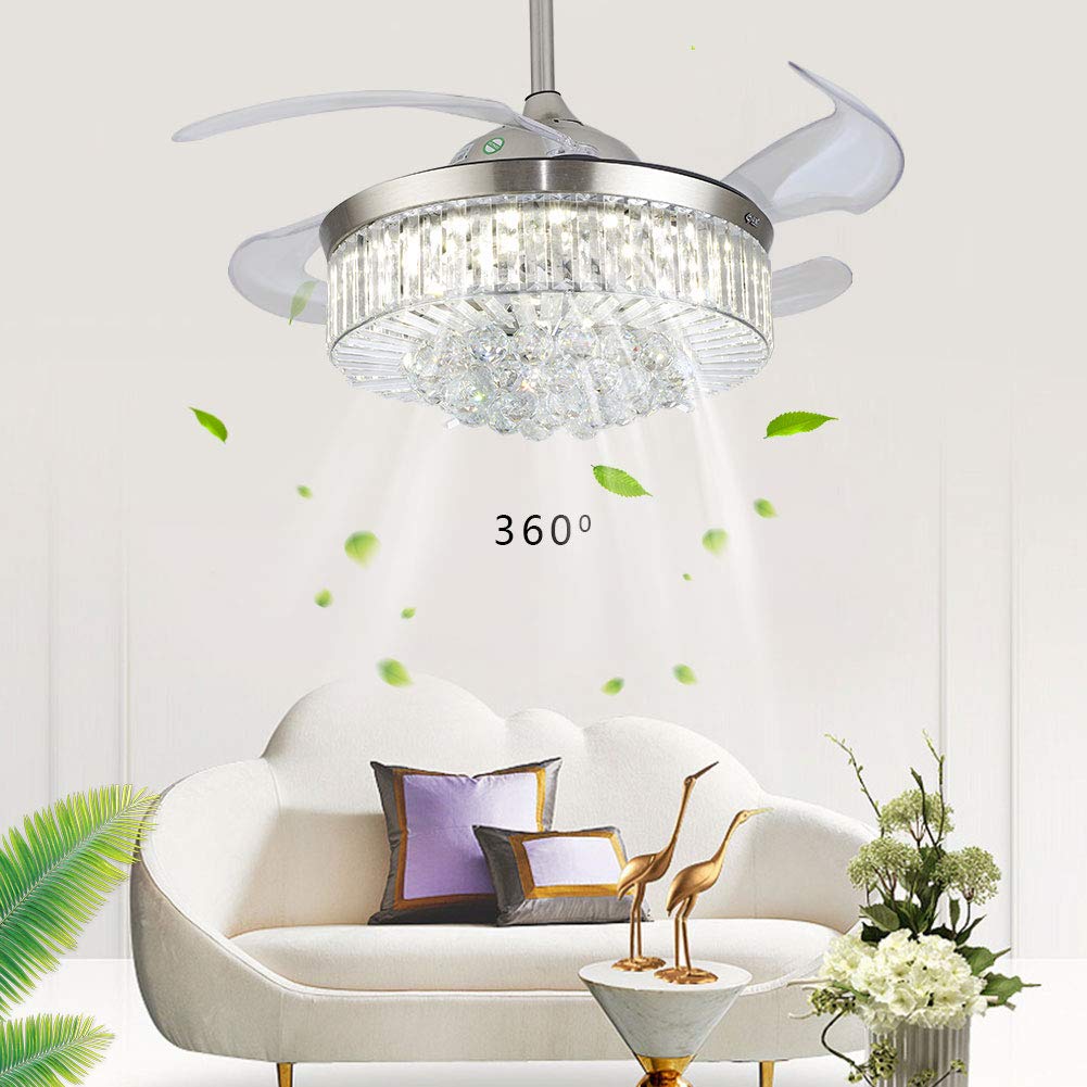 Crystal Ceiling Fan with Lights & Remote - Modern Invisible Retractable Blades Chandelier Fan for Living Room & Bedroom (Silver) | Energy-Efficient Cooling & Elegant Lighting for Home Decor