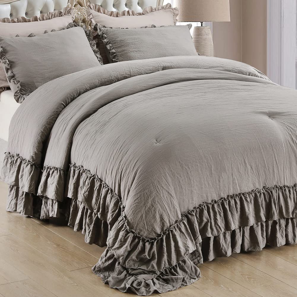 Masaca Grey Shabby Chic Comforter Set Queen - Farmhouse Rustic Microfiber Bedding with Ruffled Edges, Vintage Gray Fluffy Aesthetic 3-Piece Set for Cozy Bedroom Decor | Perfect for Guest Rooms, Master Bedrooms & Airbnb Stays
