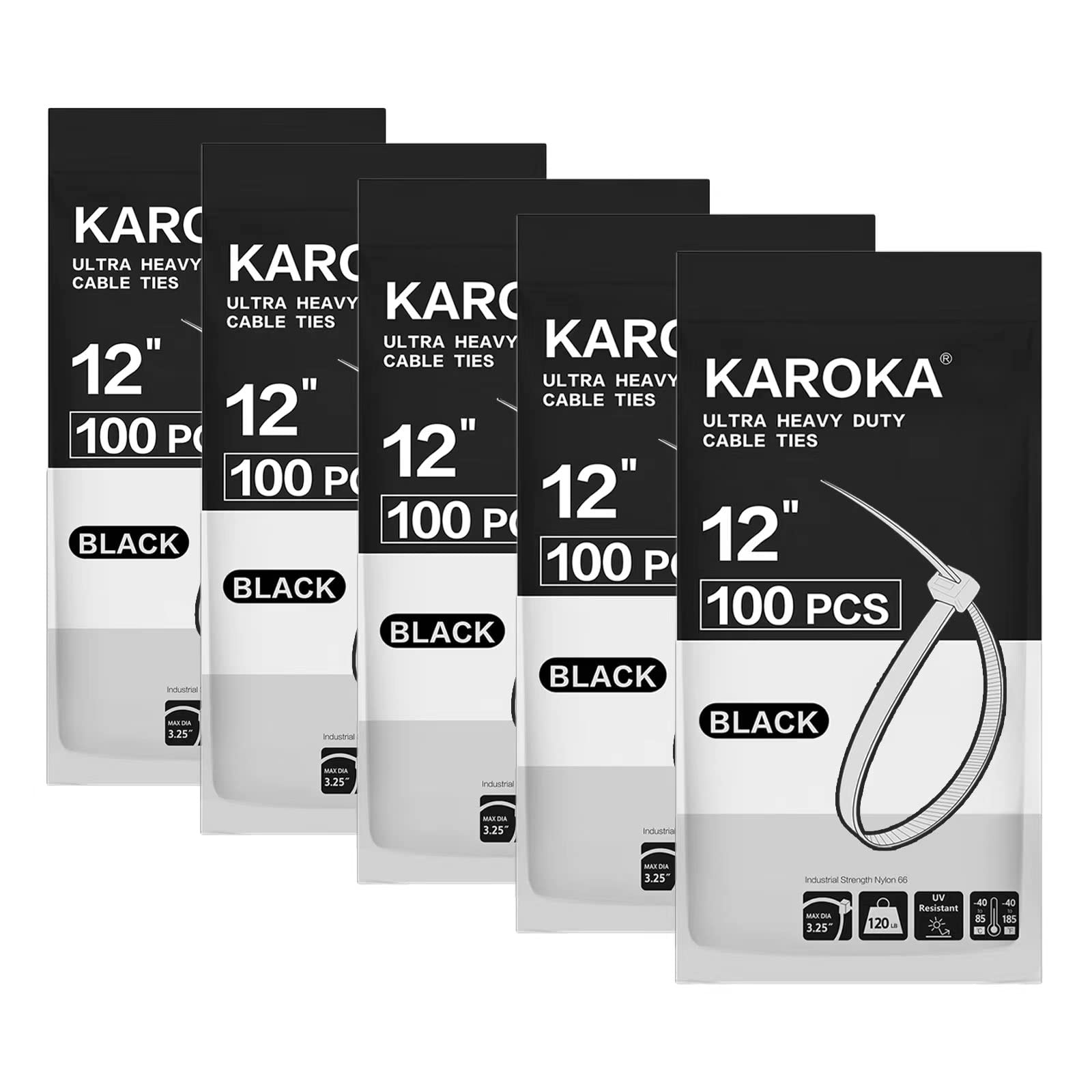 Heavy Duty 12-Inch Zip Ties - 120 lbs Tensile Strength, Black Cable Ties (500 Pack) by Karoka - Perfect for Home Organization, DIY Projects & Industrial Use