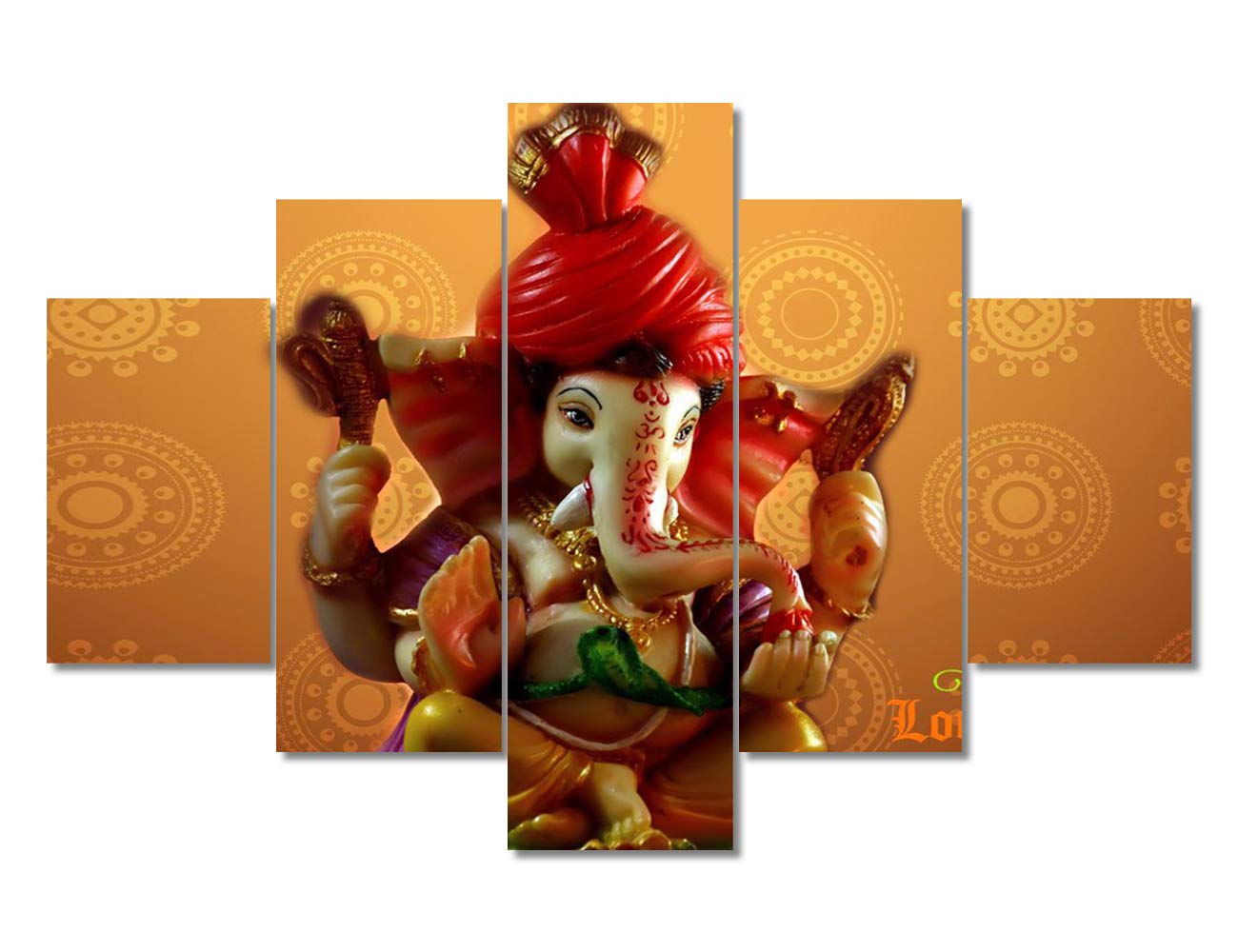TUMOVO 5-Piece Lord Ganesha Wall Art Set - Wooden Framed Hindu God Decor for Bedroom & Living Room - Modern Indian Home Decor Ready to Hang (60''Wx40''H) - Perfect for Meditation Spaces, Yoga Rooms & Spiritual Home Decor